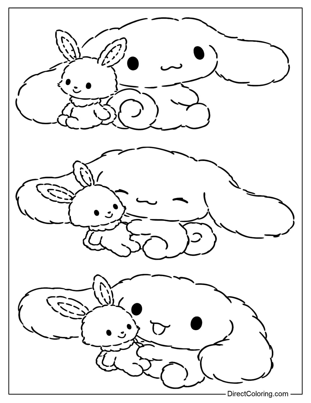 A coloring page of Cinnamoroll with three cute scenes of hugging and playing with a little bunny.