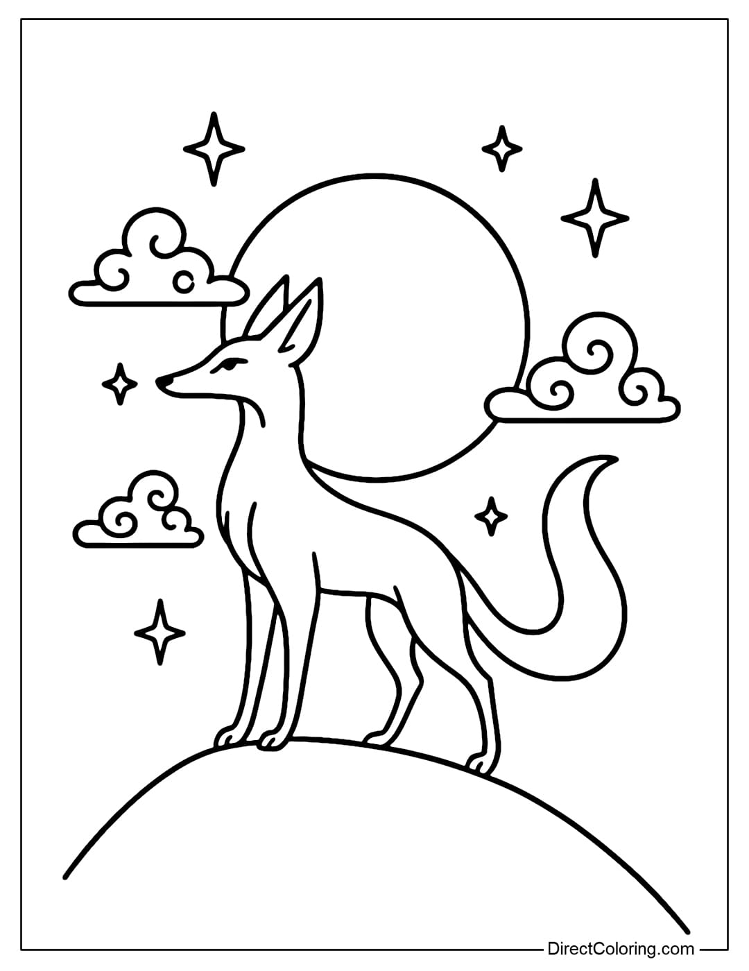 A slender fox coloring page standing on the top of a hill under the full moon, surrounded by stars and magical clouds.