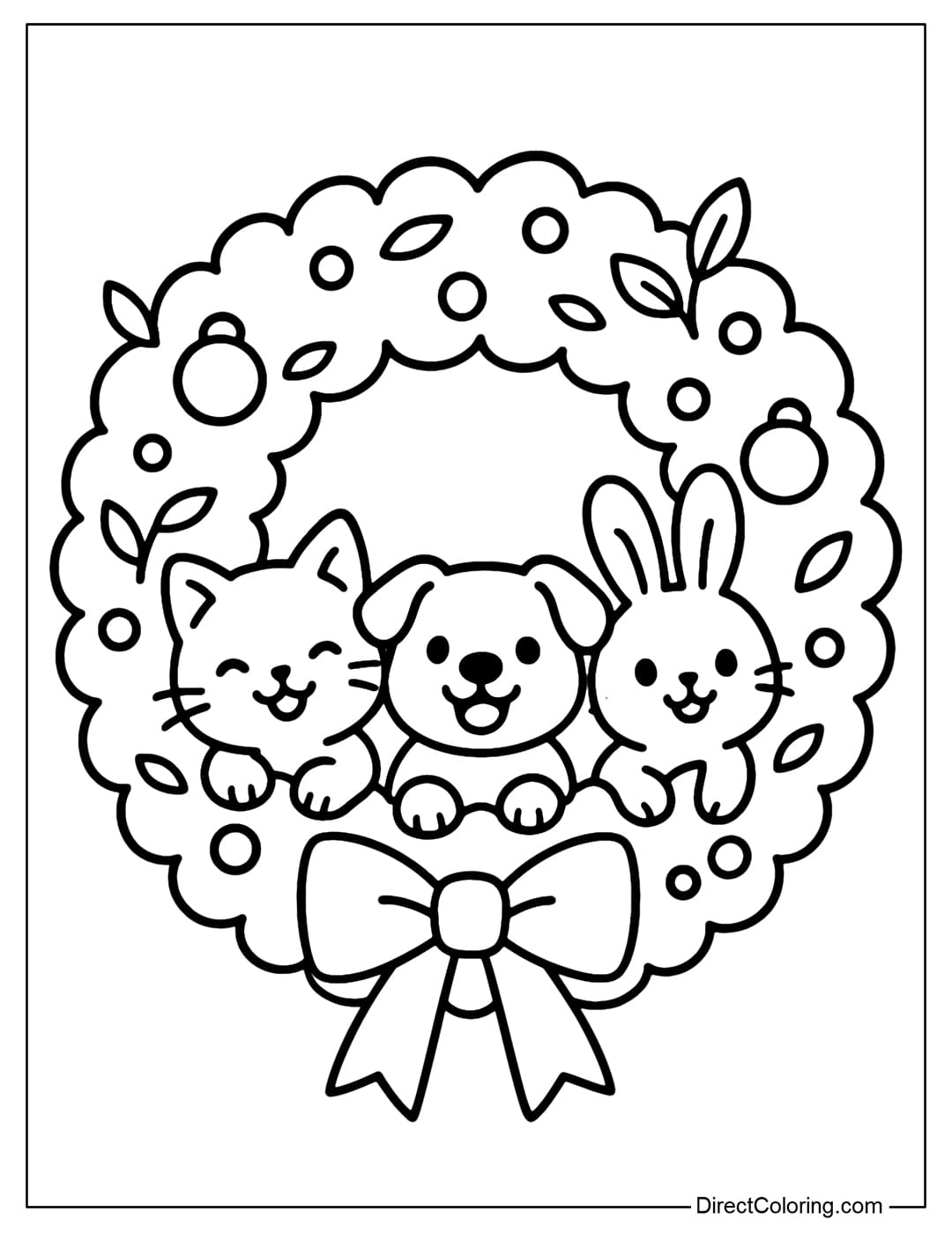 Cute Animals Christmas Wreath Coloring Page A wreath coloring page with a cat, dog and a bunny coming out of the wreath.