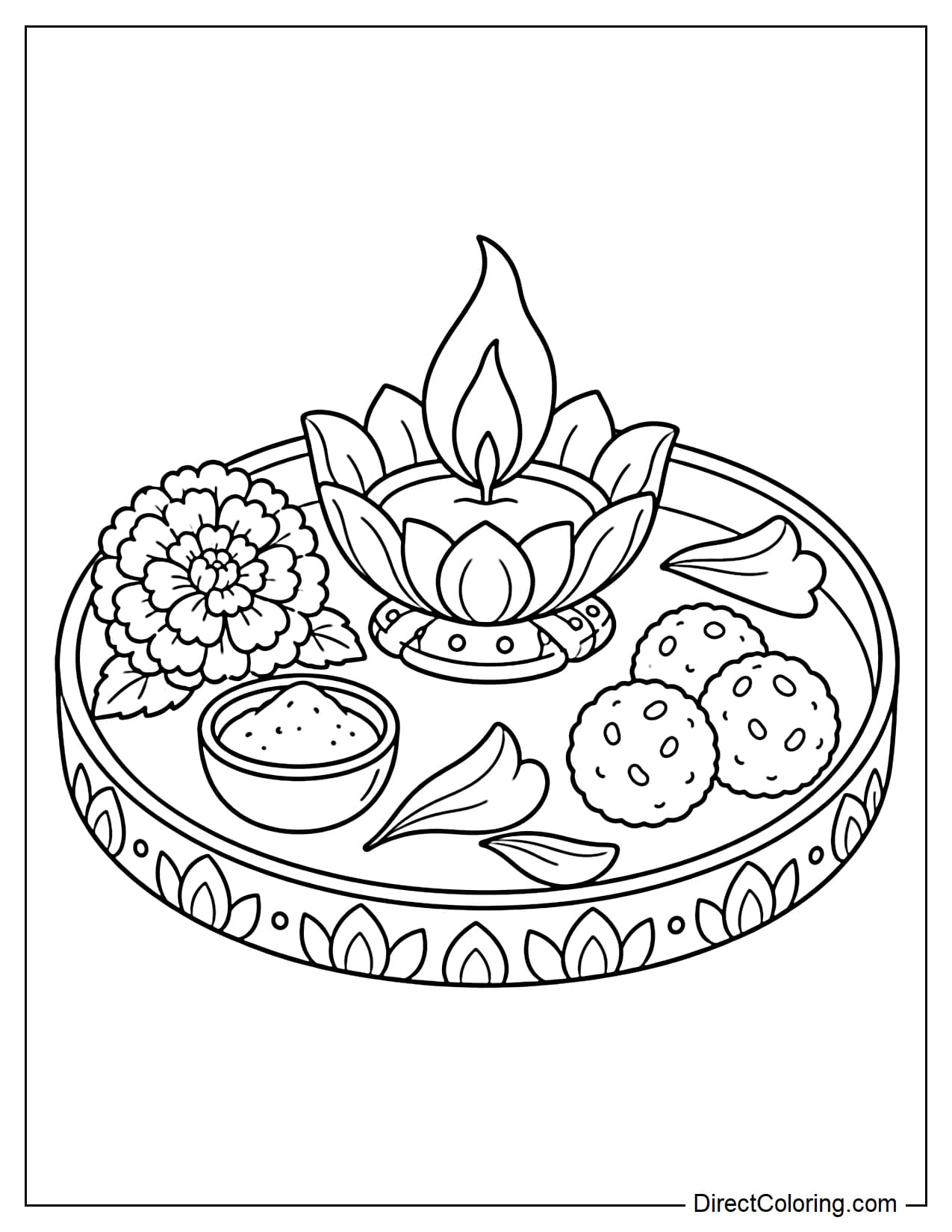 A large round puja thali tray with a lotus-shaped diya in the center. A marigold flower, a small bowl of kumkum, three ladoo sweets, and several large flower petals are arranged around it.