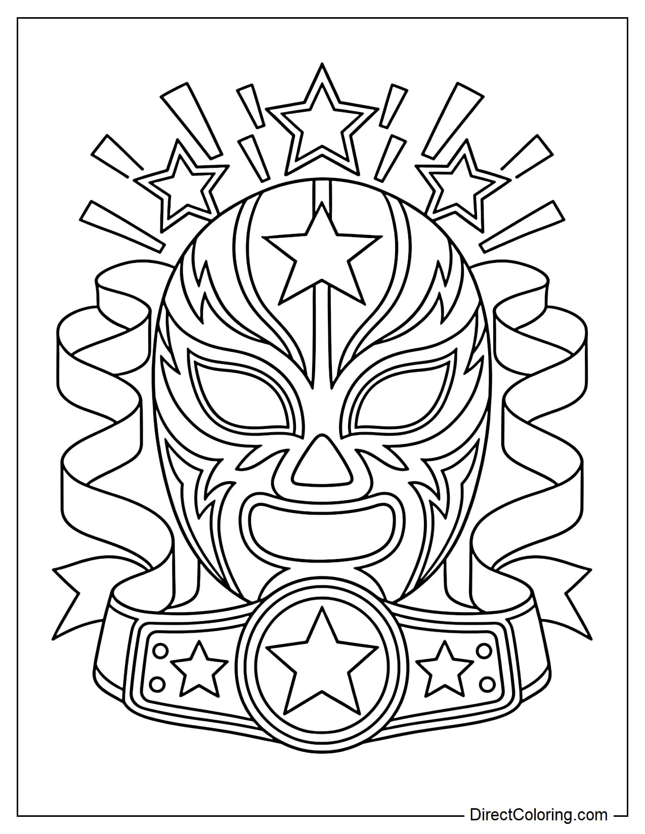A large Mexican lucha libre mask takes center stage, featuring wing-shaped patterns around the eyes, a star on the forehead, and symmetrical curved designs. Large stars and ribbons surround the mask, with a championship belt below.