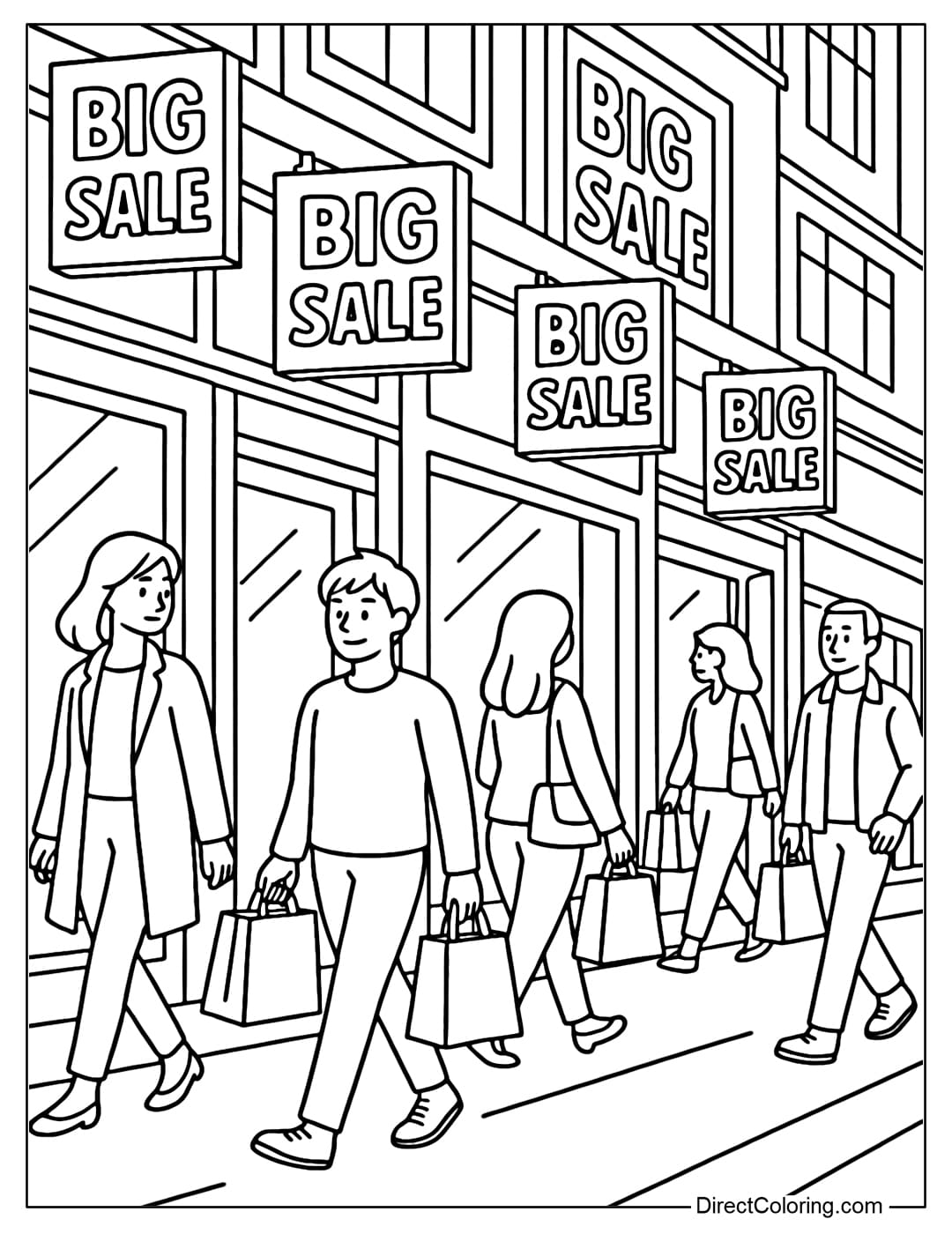 A coloring page of a bustling shopping street, many stores hanging BIG SALE signs, pedestrians carrying gift bags.