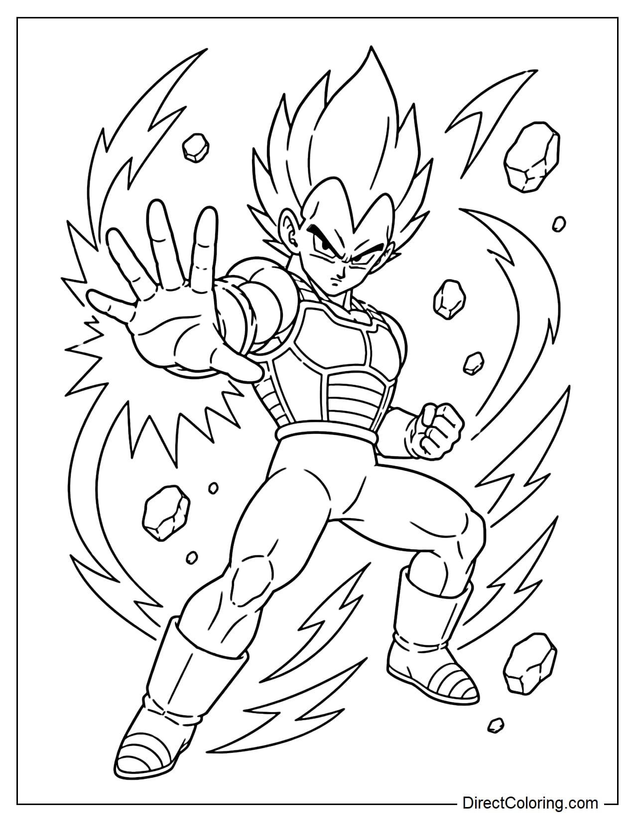 Vegeta is extending one arm forward to launch an energy attack, his body slightly rotated diagonally, his warrior armor clearly visible, surrounded by several large beams of light and flying rocks.