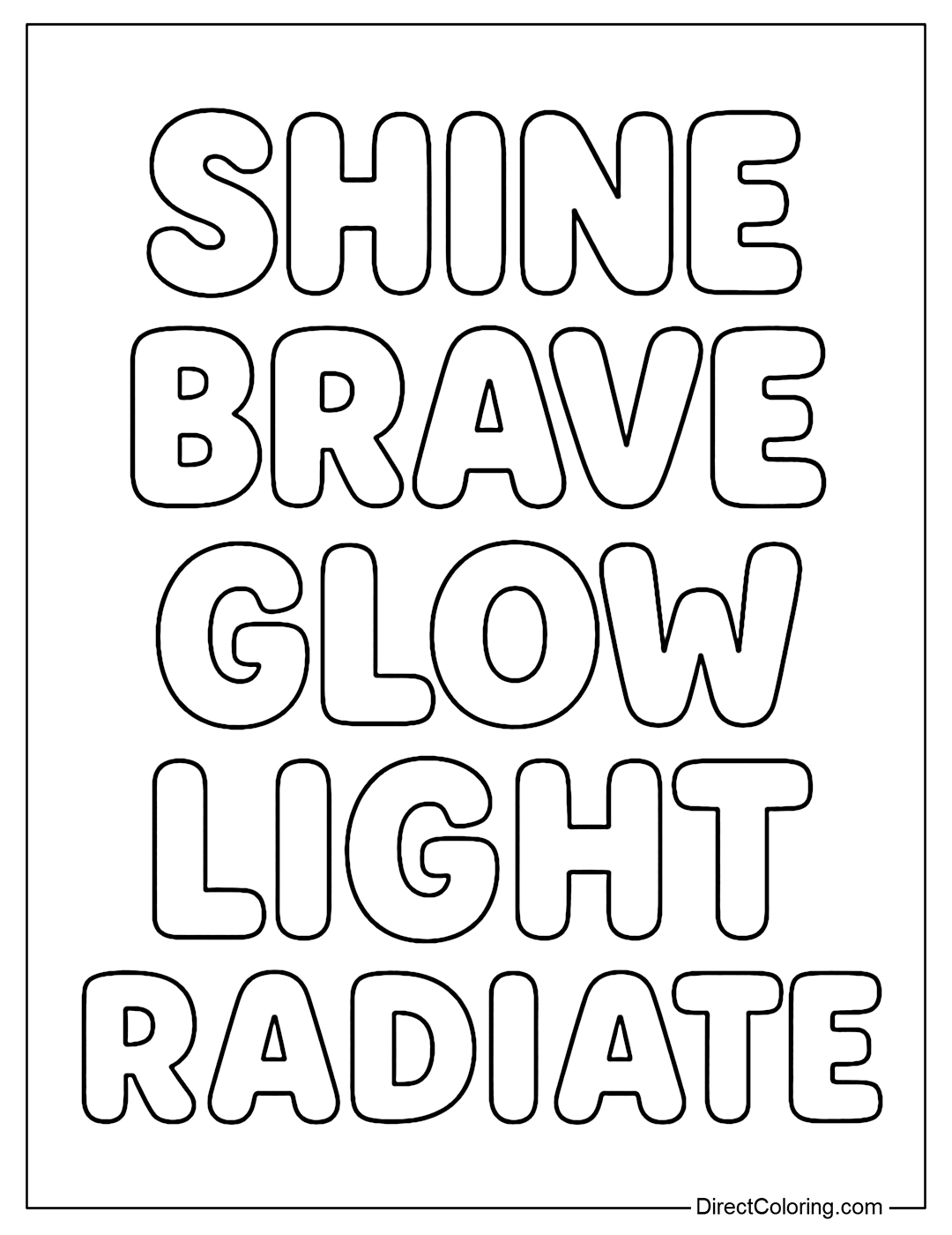 Coloring page of words like Shine – Brave – Glow – Light – Radiate in a cute bubble style.