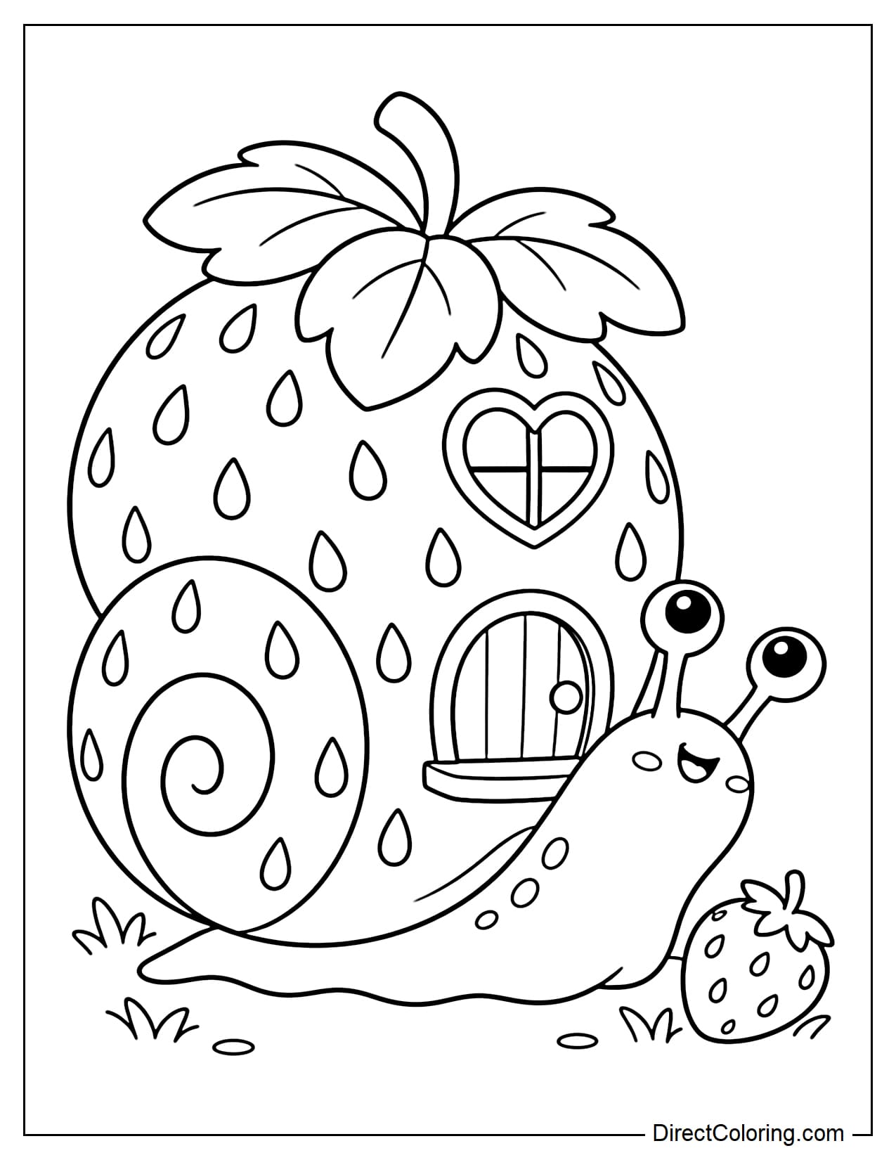 A cute snail with a giant strawberry-shaped cottage for a shell, topped with a cluster of large, spreading strawberry leaves.