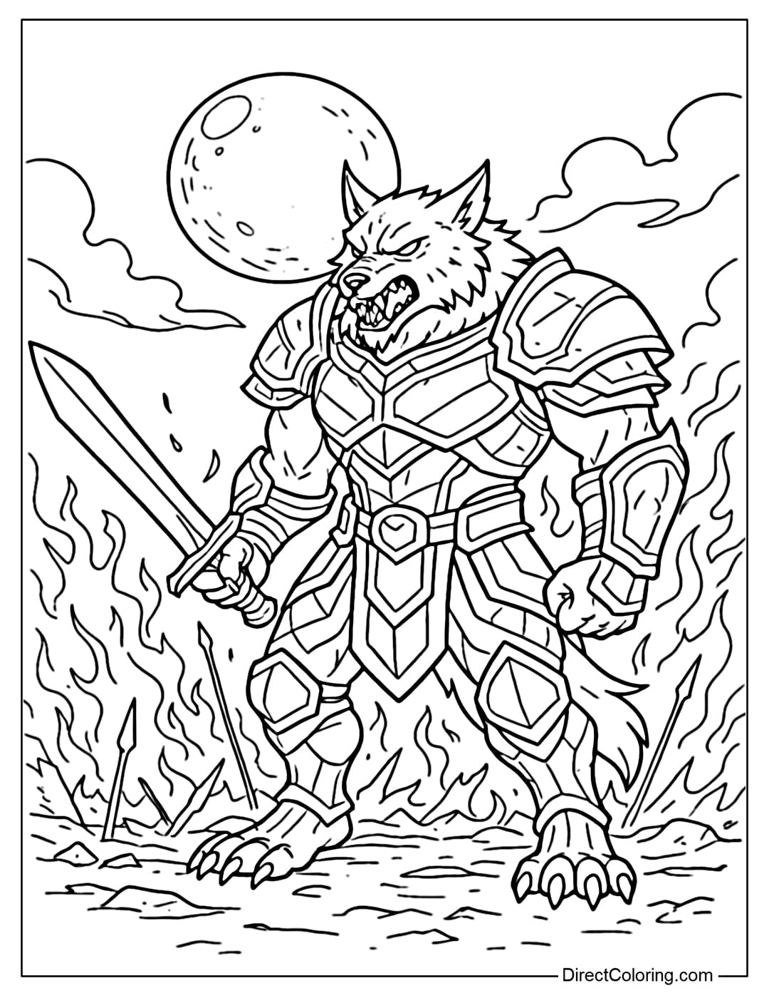 A werewolf coloring page wearing iron armor, holding a large sword, standing in the middle of a fiery battlefield, the moonlight shining behind him.