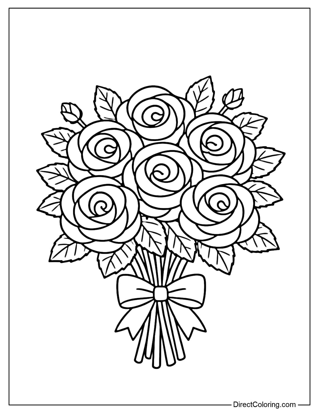 A coloring page of a stylized rose bouquet, each flower a simple spiral shape.