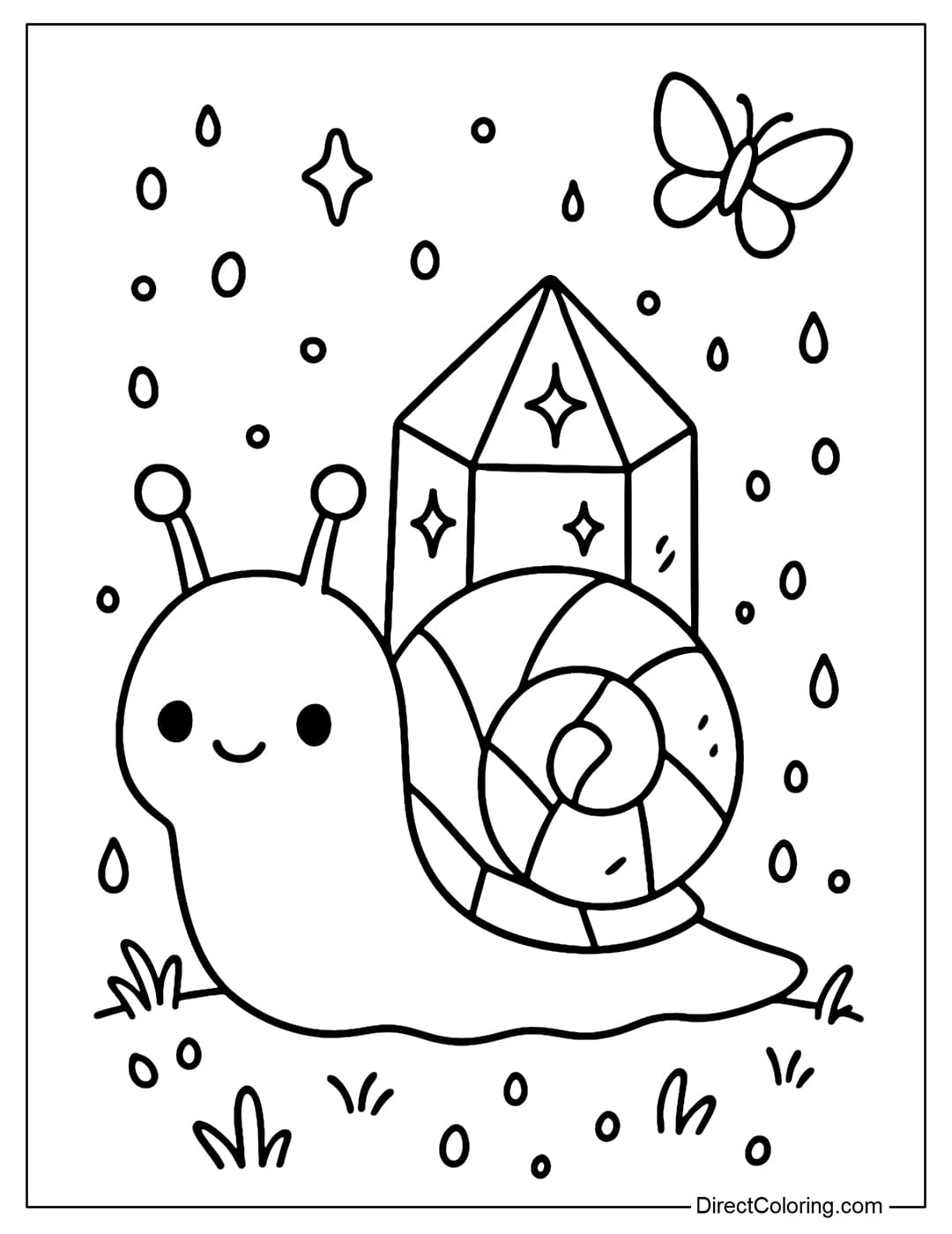 Coloring page The snail shell is a sparkling crystal block, surrounded by small butterflies and sparkling dew.
