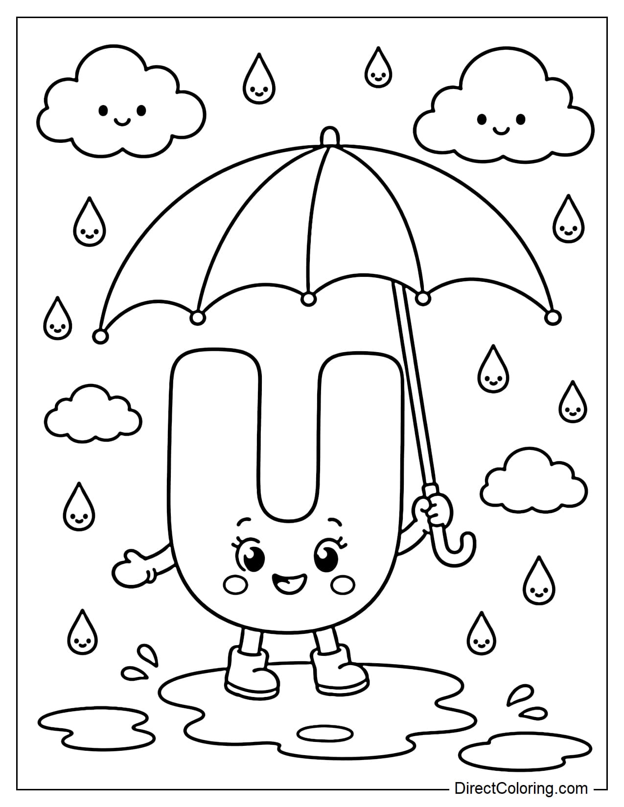 The adorable letter U is holding a large umbrella shielding from cute raindrops, surrounded by some clouds and small puddles.