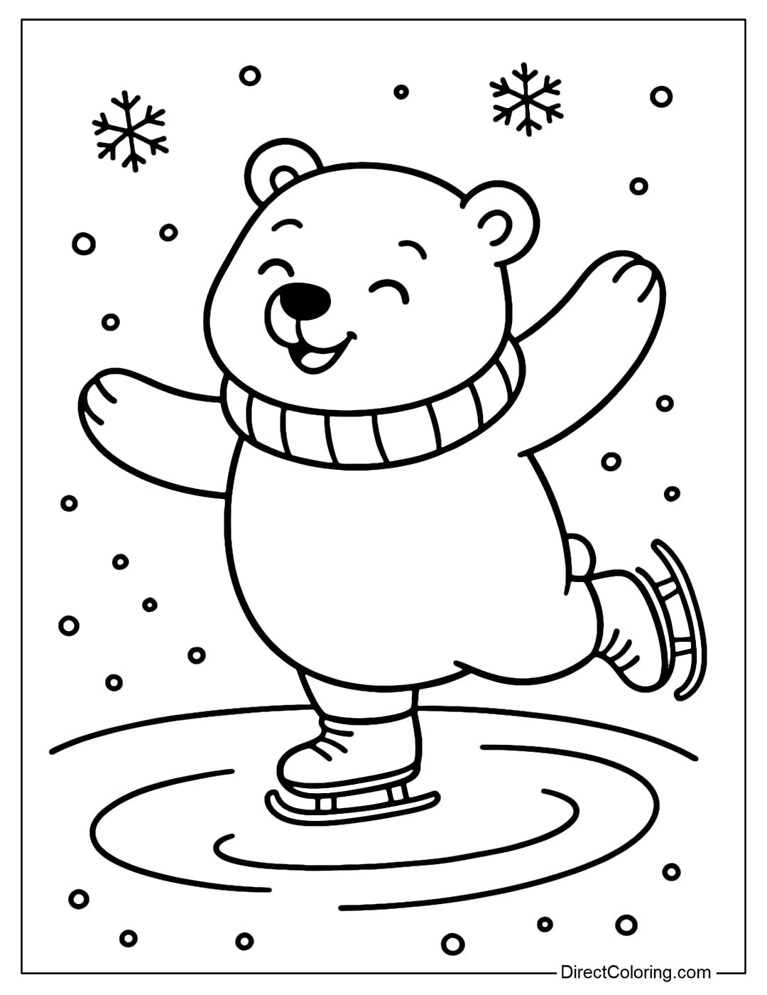 Coloring page of a polar bear wearing ice skates spinning on an icy lake.