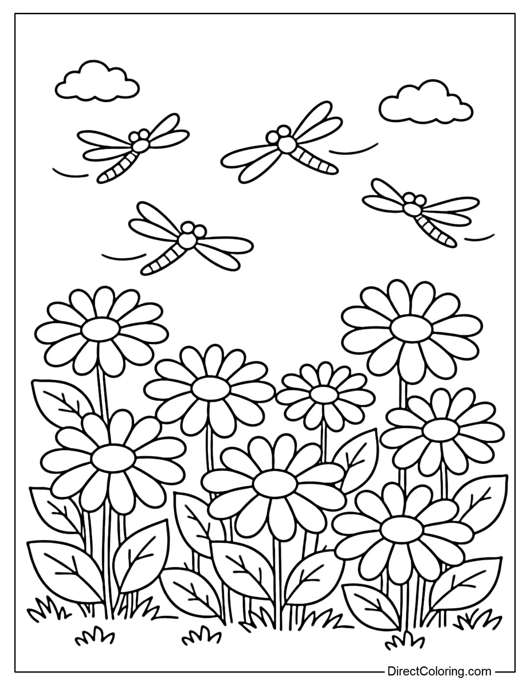 A coloring page of a spring flower garden with many round-petaled flowers spread out evenly, with a few dragonflies flying above.