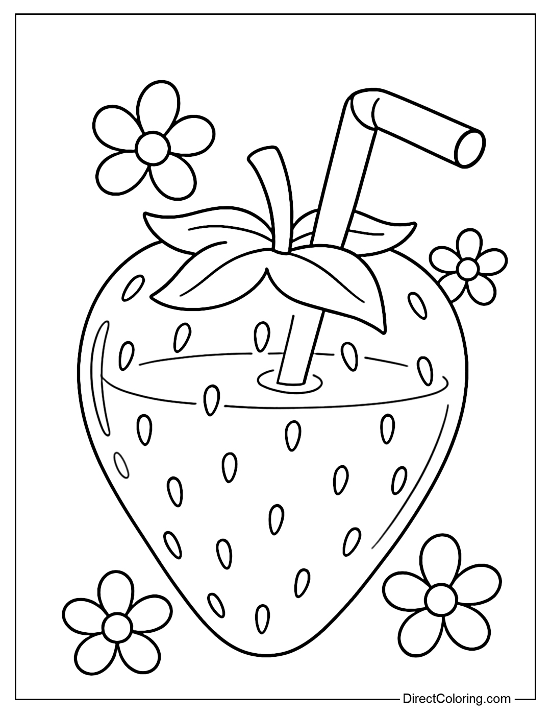 A transparent bright red strawberry coloring page, with glowing pink juice, a straw stuck through a small round mouth, surrounded by decorative petals.