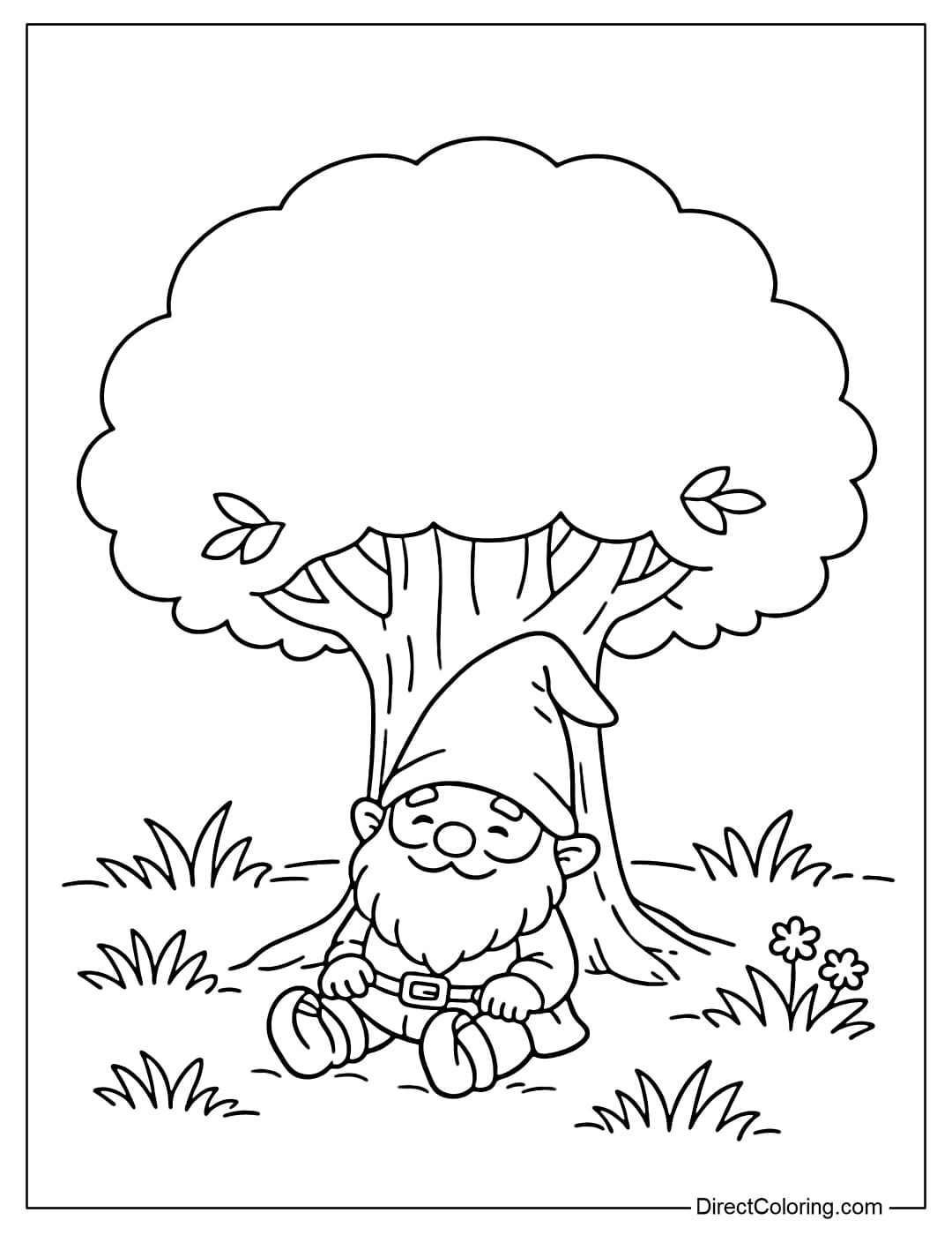 Coloring page of a gnome sitting under a simple tree with a round canopy, surrounded by some sparse grass.