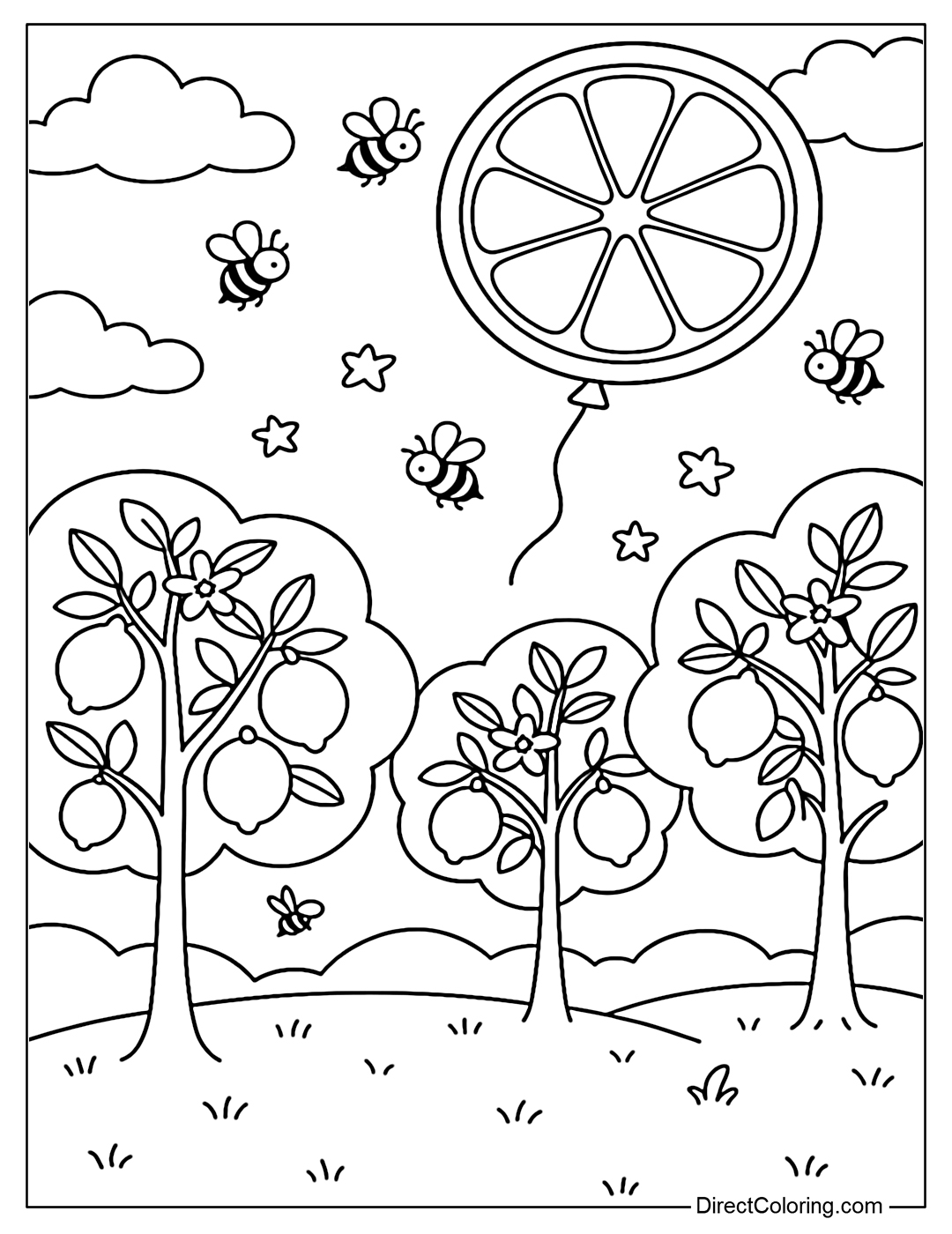 Lemon garden coloring page features lemon-shaped balloons flying up into the sky with bees.