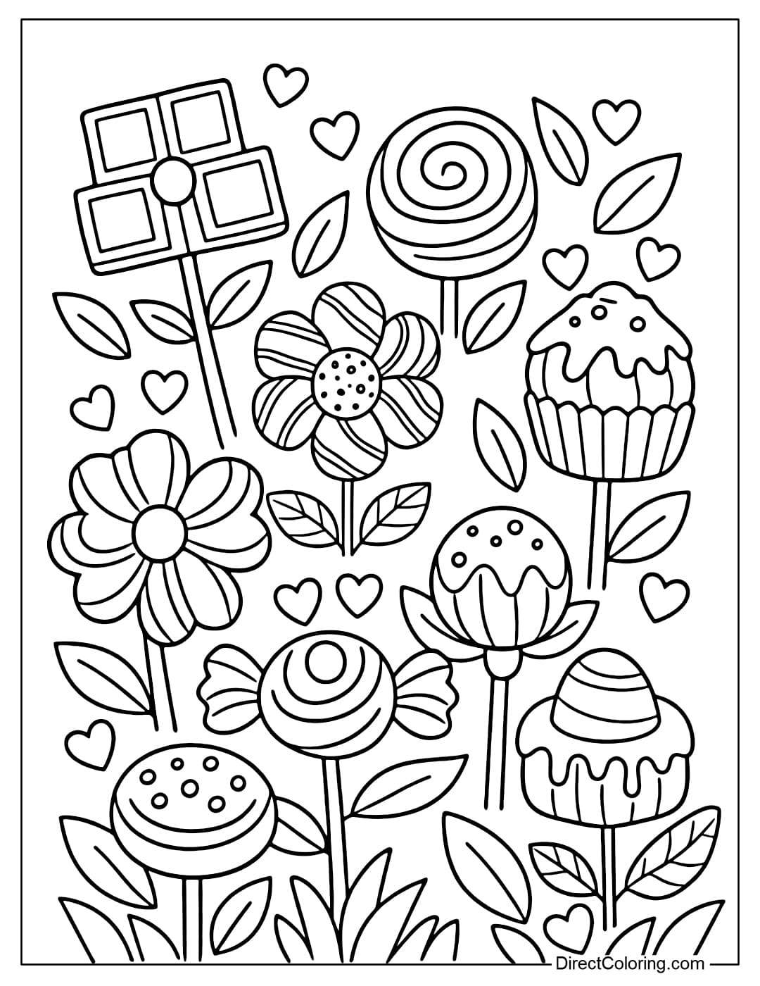 Coloring page of a garden with flowers made from chocolate, interspersed with leaves and small hearts.