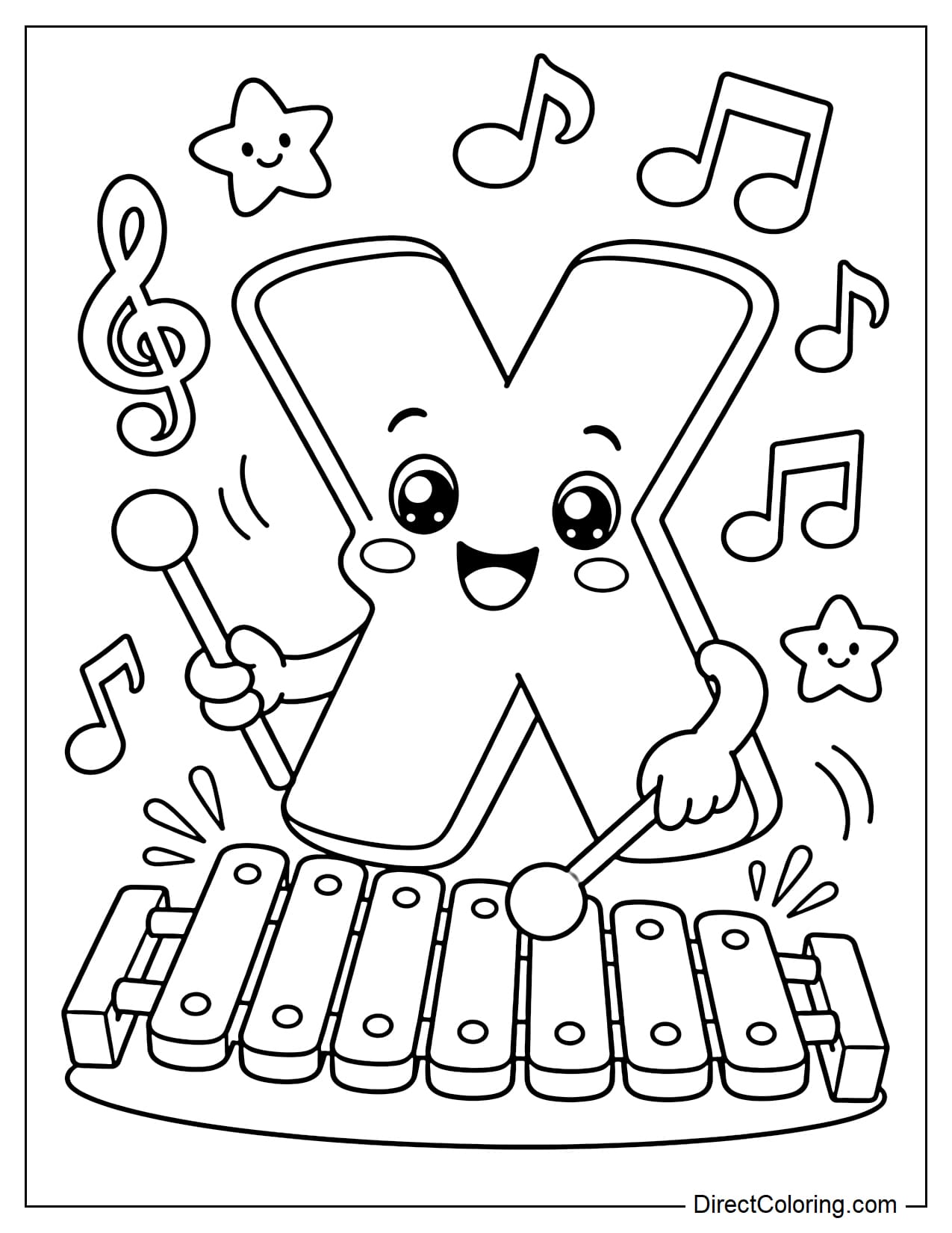 The cheerful letter X is playing a xylophone with large, easy-to-color keys, surrounded by musical notes.