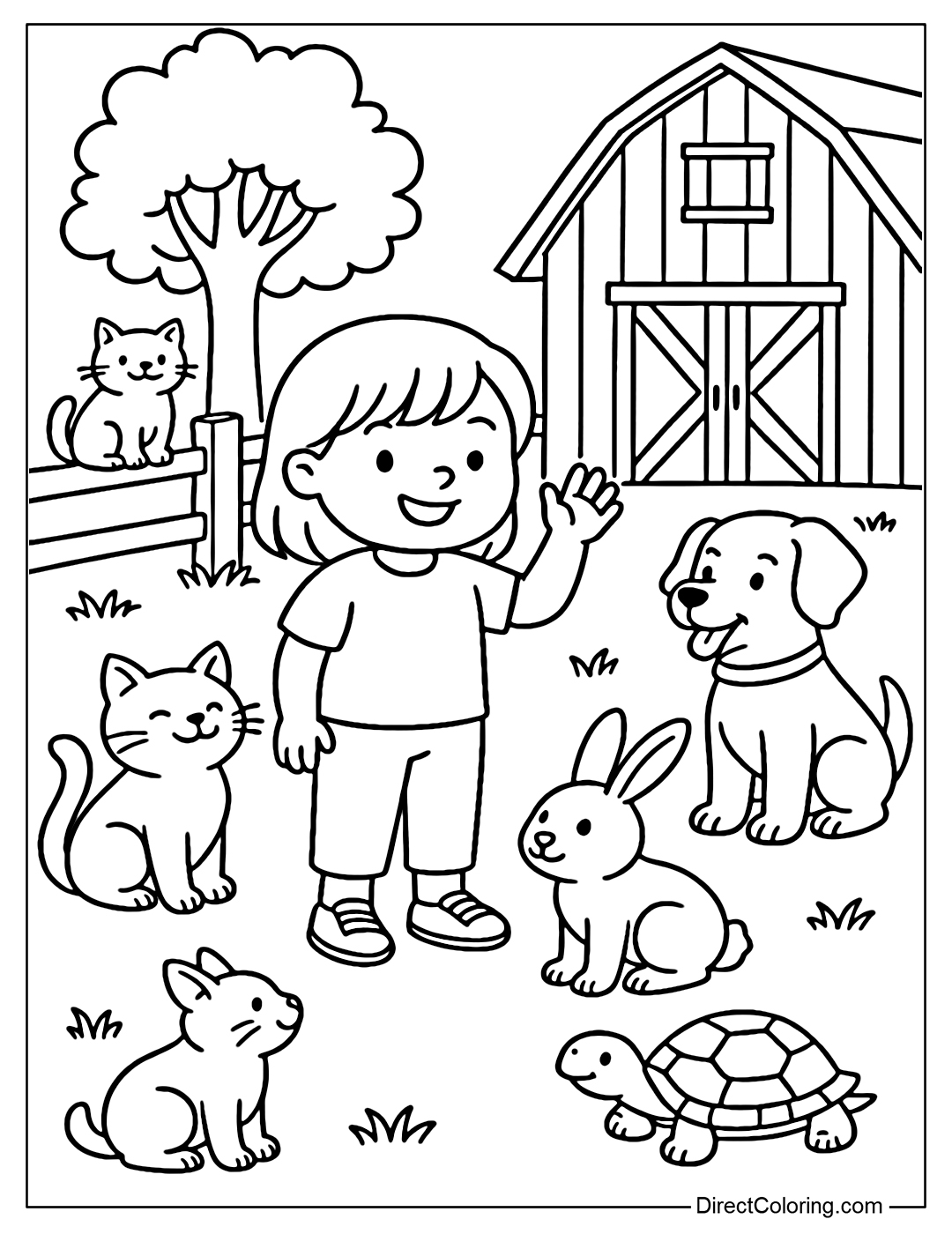 A coloring page where children greet cats, dogs, rabbits, and turtles at a cute little farm.