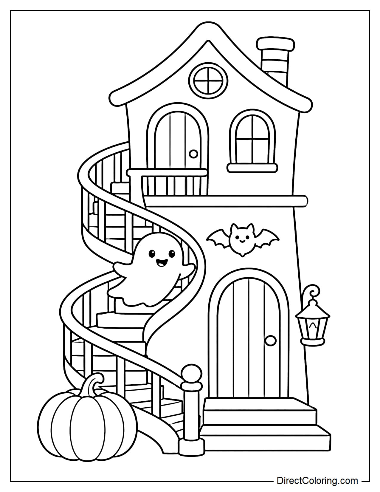 A haunted house has a large spiral staircase wrapping around the outside and leading to the upper floor. A small ghost floats alongside the winding stairs, with a large pumpkin resting near the bottom.