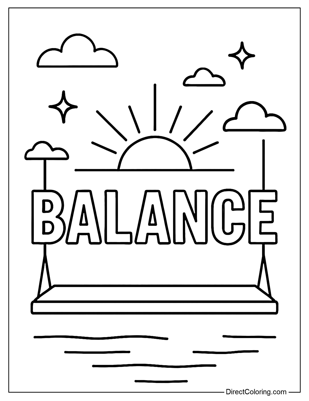 The Balance Coloring Page is placed on a swing, surrounded by the rising sun and bright sky.