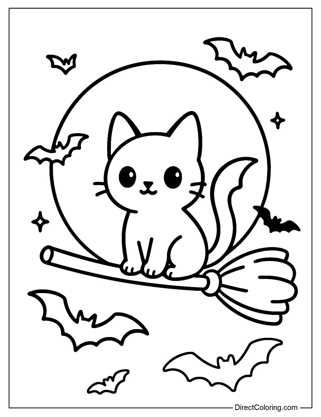 A black cat coloring page sitting on a witch's broom flying past a large full moon, surrounded by bats.