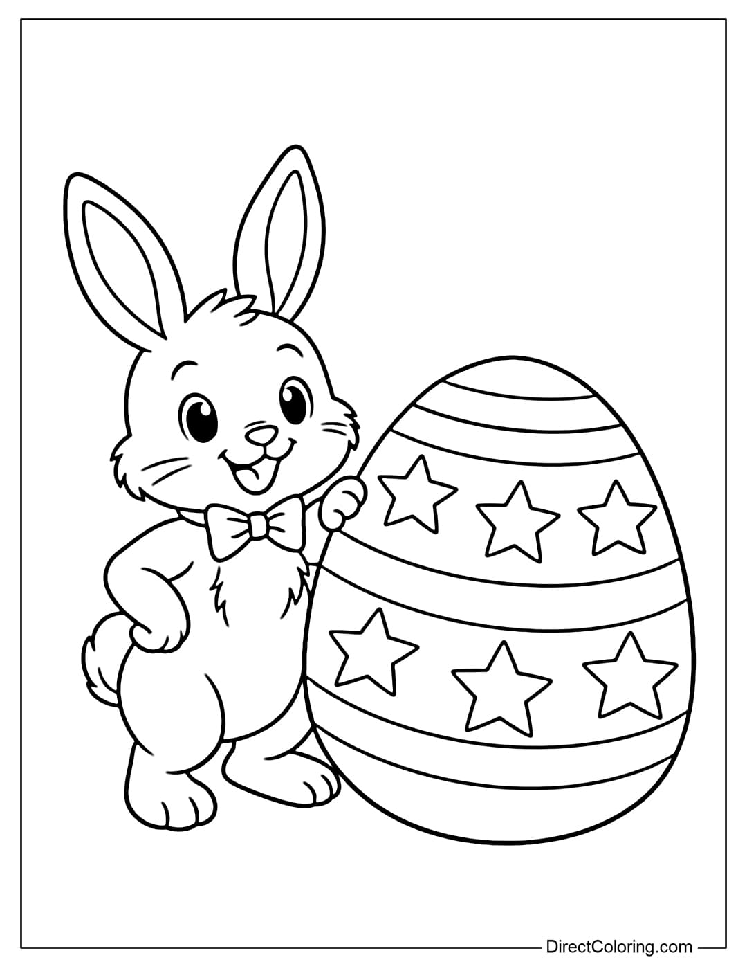 An Easter bunny coloring page featuring a bunny standing next to an egg with a star and large stripe pattern.