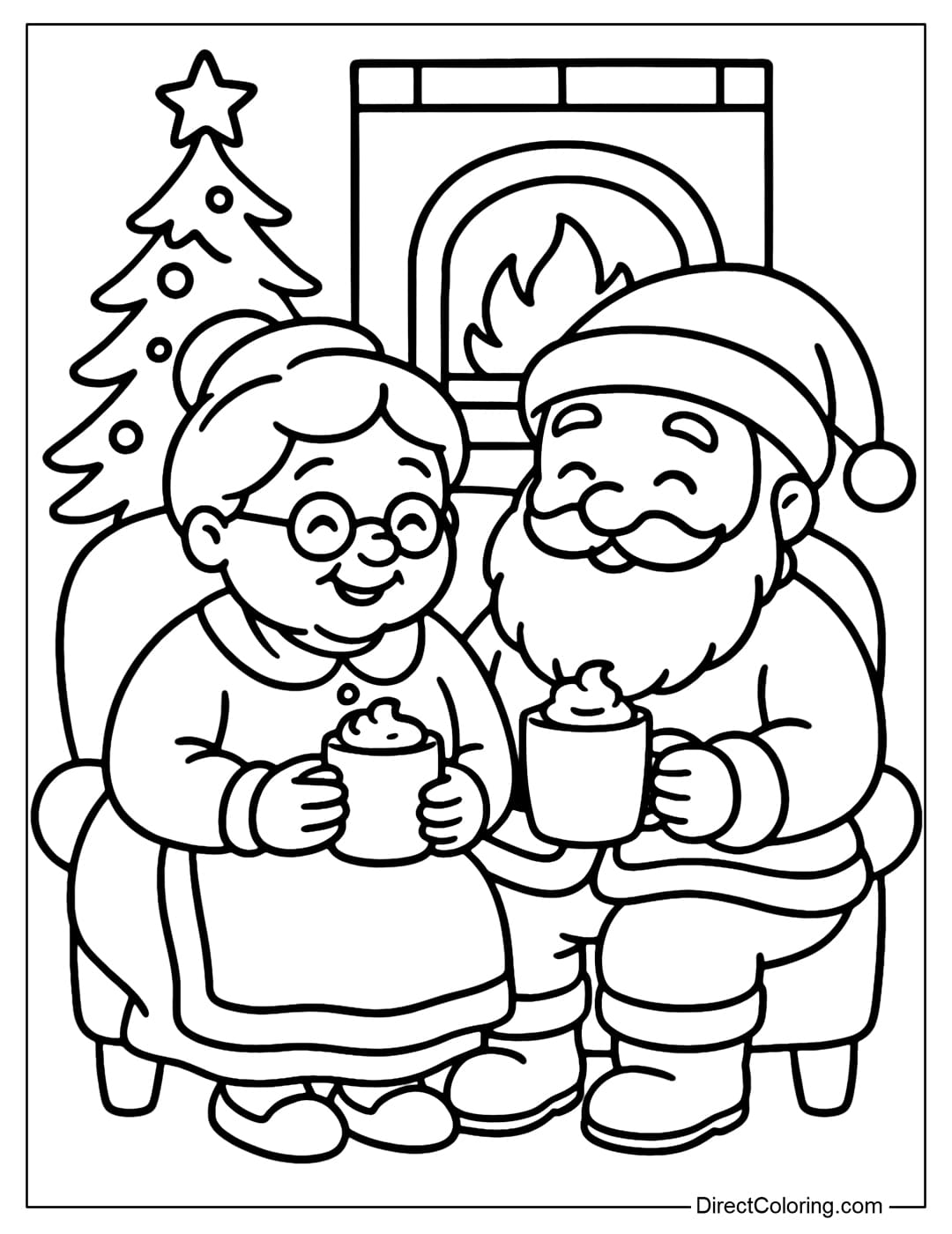 A Santa and Mrs Claus coloring page sitting by the fireplace, a cup of hot cocoa in their hands, a small Christmas tree beside them.