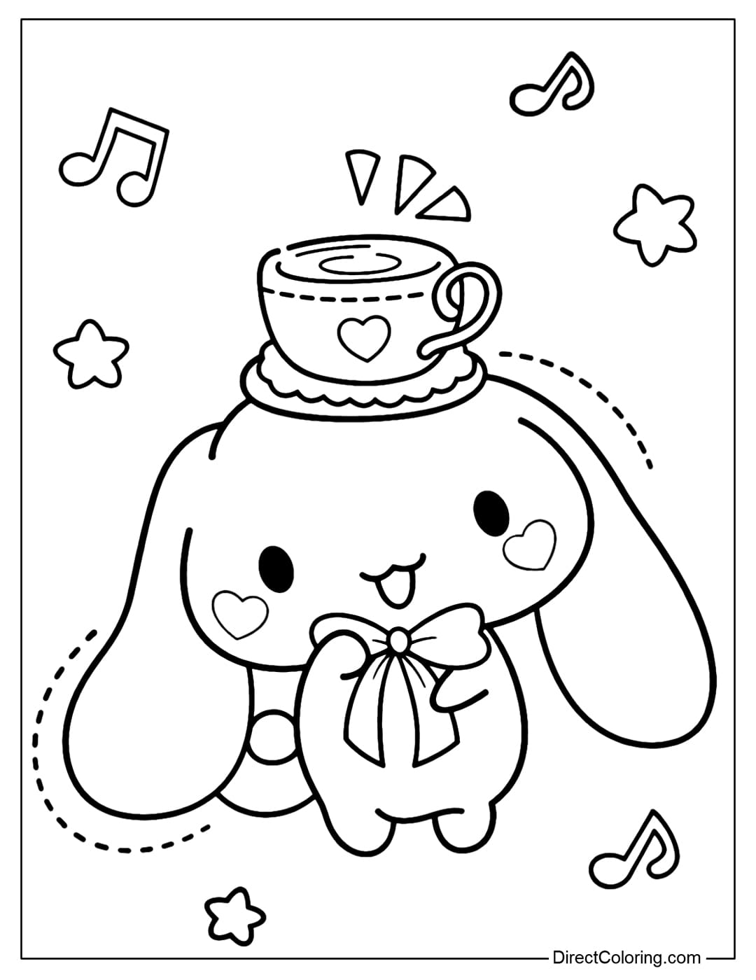 Cinnamoroll coloring page featuring a girl wearing a teacup on her head, a large bow, and surrounded by musical notes and stars.