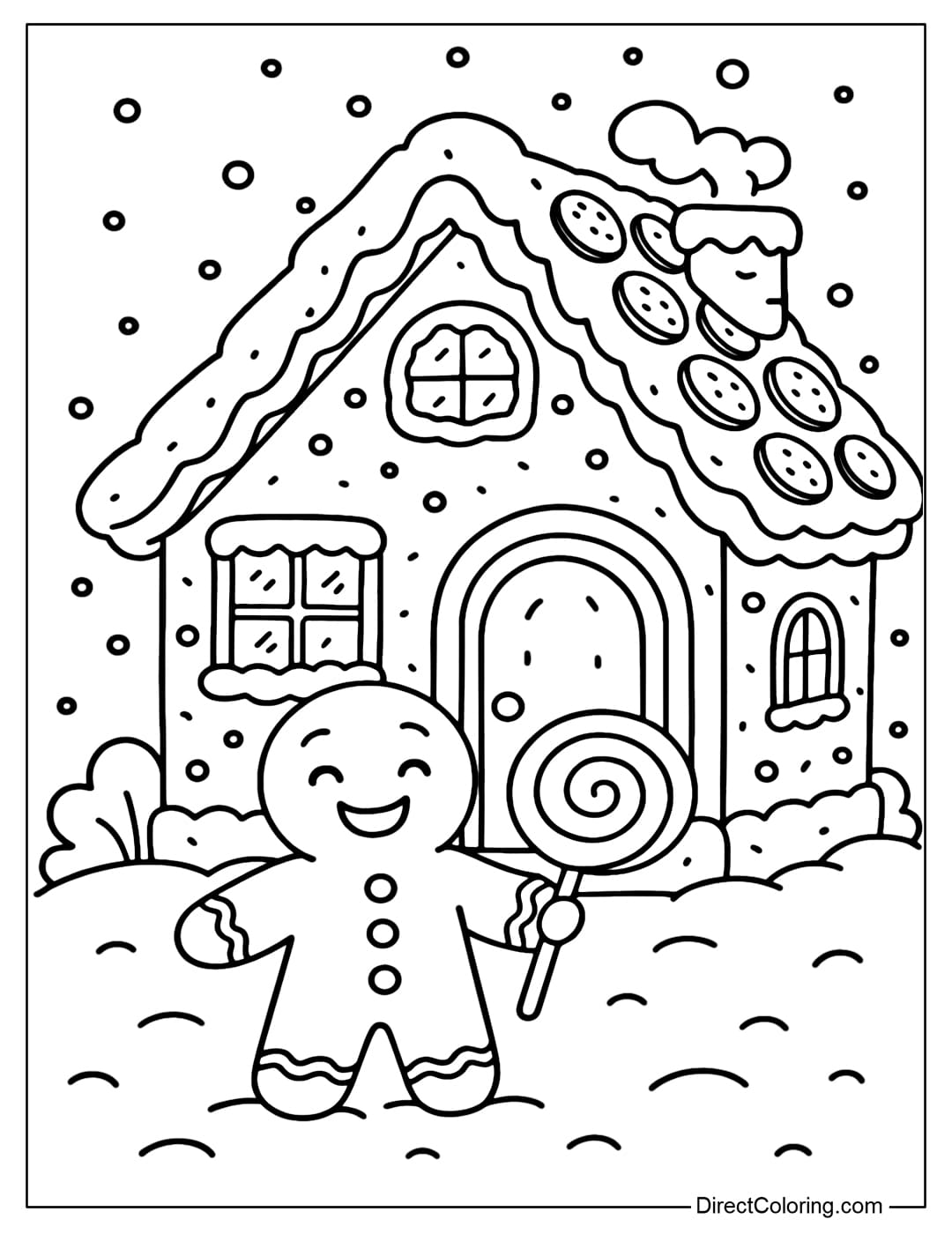 Gingerbread house coloring page with a gingerbread man standing in front of the door, smiling and holding a large lollipop.
