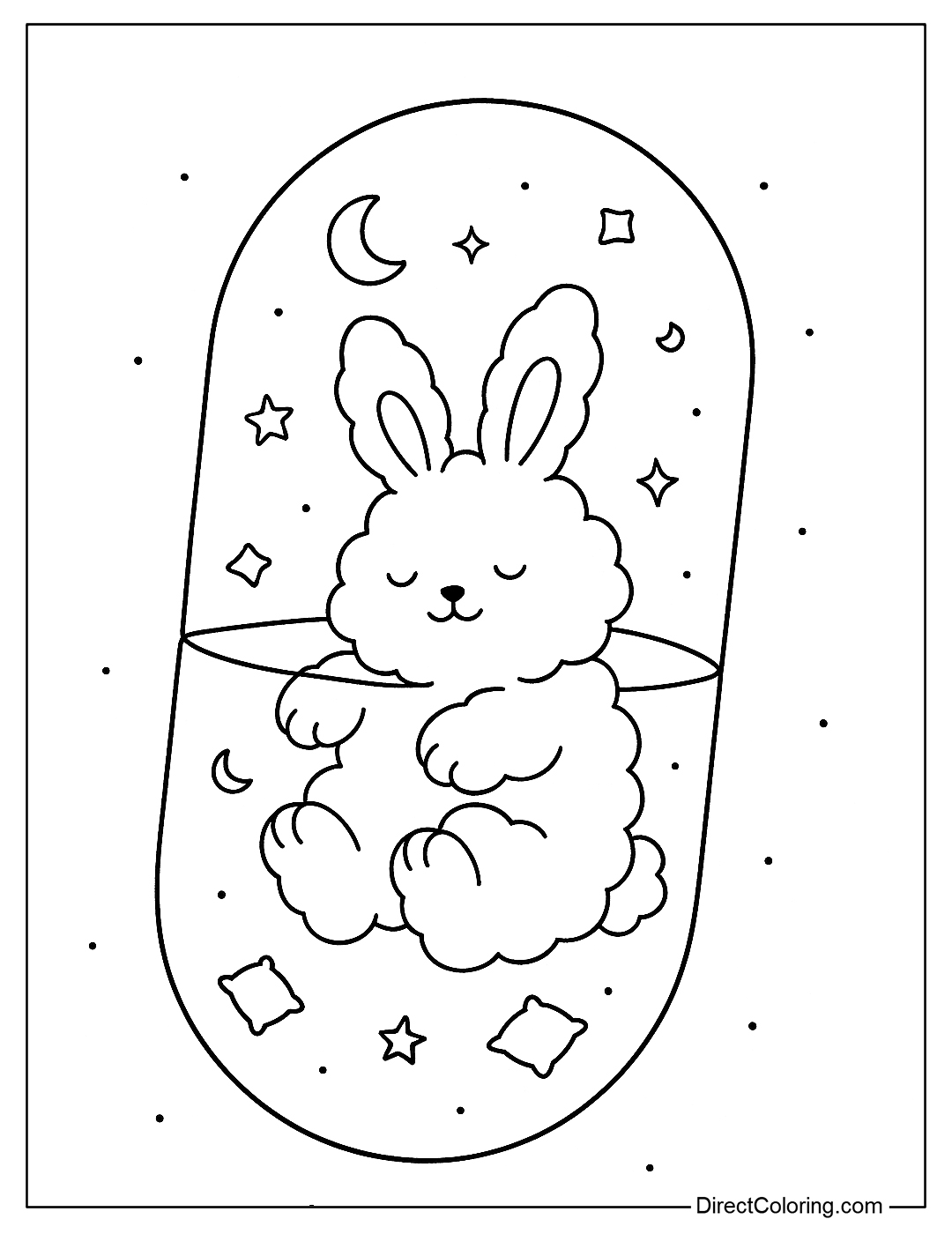 a capsule coloring page A fluffy rabbit made of clouds is gently floating inside a capsule with two shells, with small stars, moons