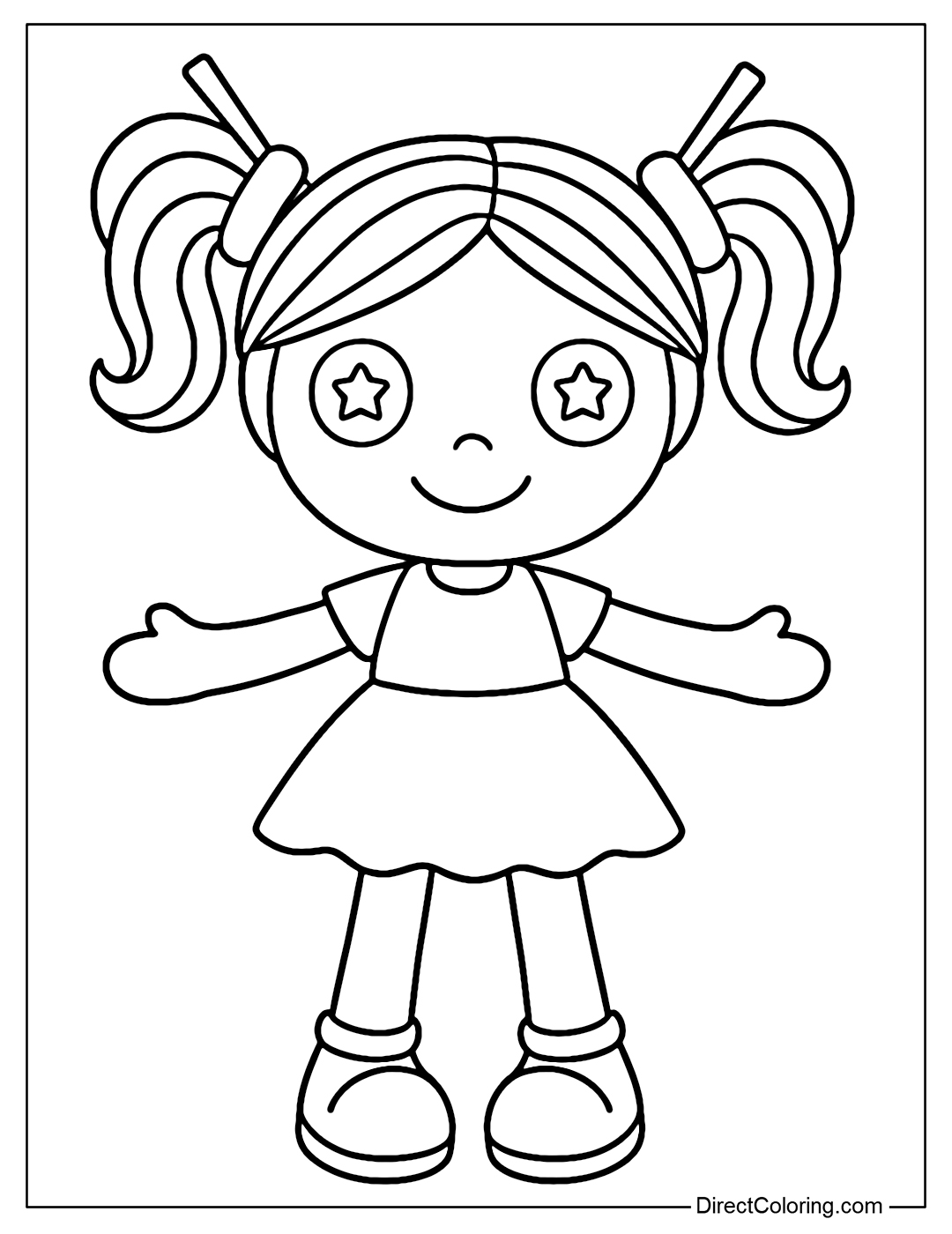 A coloring page for Nia dolls with 2 braids of hair that are curved like large noodles, each braid is tied with a pair of cartoon chopsticks. A simple dress, arms outstretched ready to hug you.