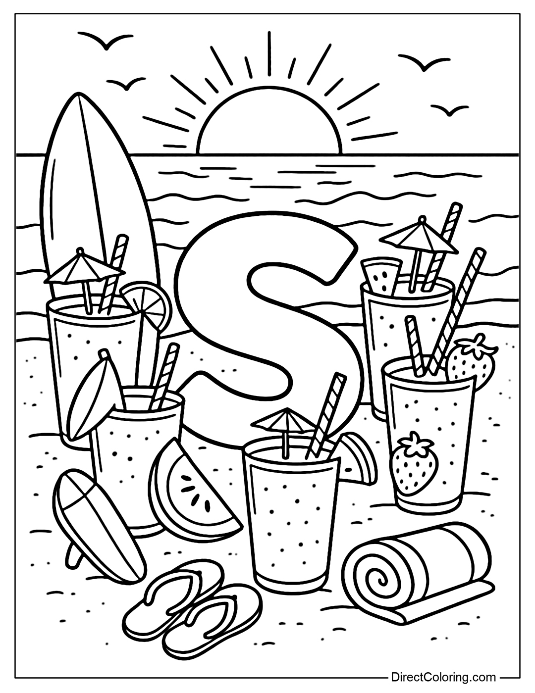 Letter S coloring page set in the middle of the ocean, with a gentle sunset scene on the beach in the background. Summer smoothies surround the letter.