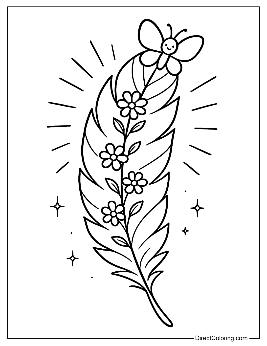Feather coloring page with simple flowers growing along the feather spine, a small smiling butterfly at the tip of the feather, a gentle light in the background.