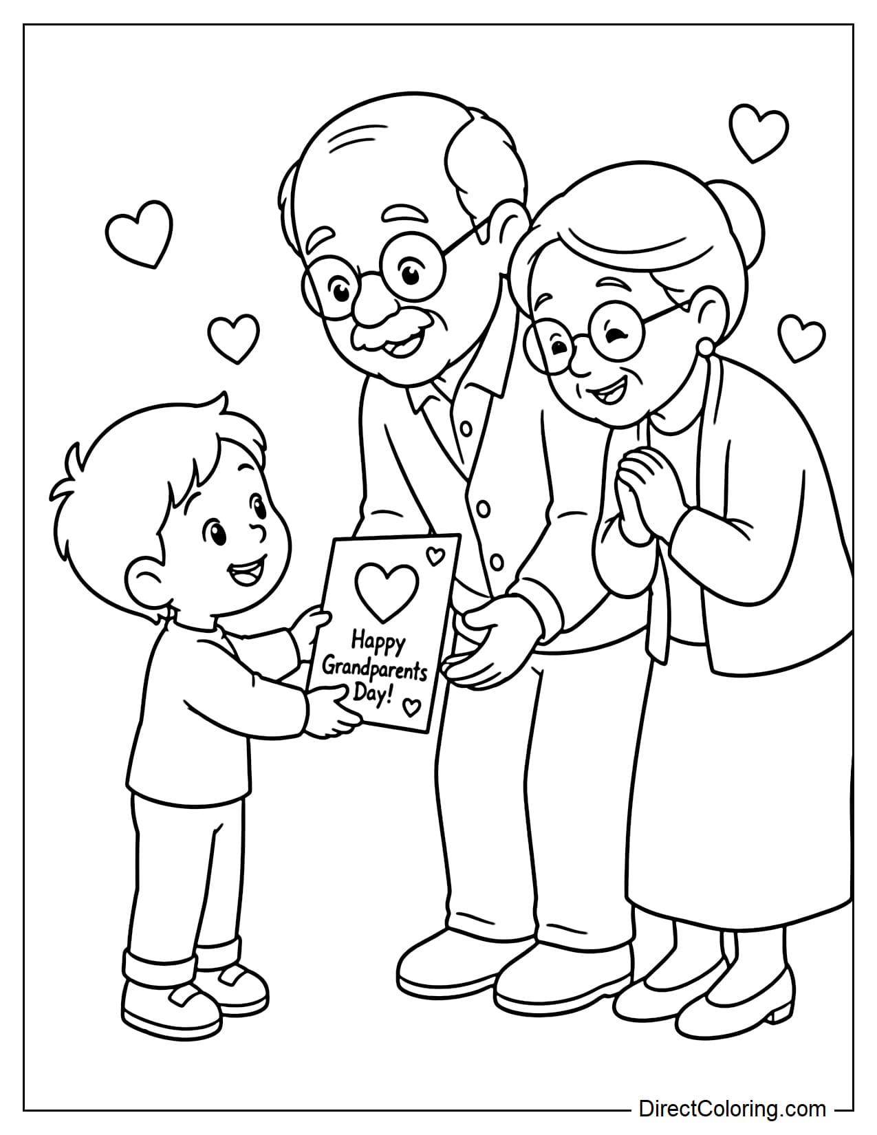 A cheerful child gives their grandparents a handmade card decorated with a heart, while the grandparents bend down to receive it with warm smiles.
