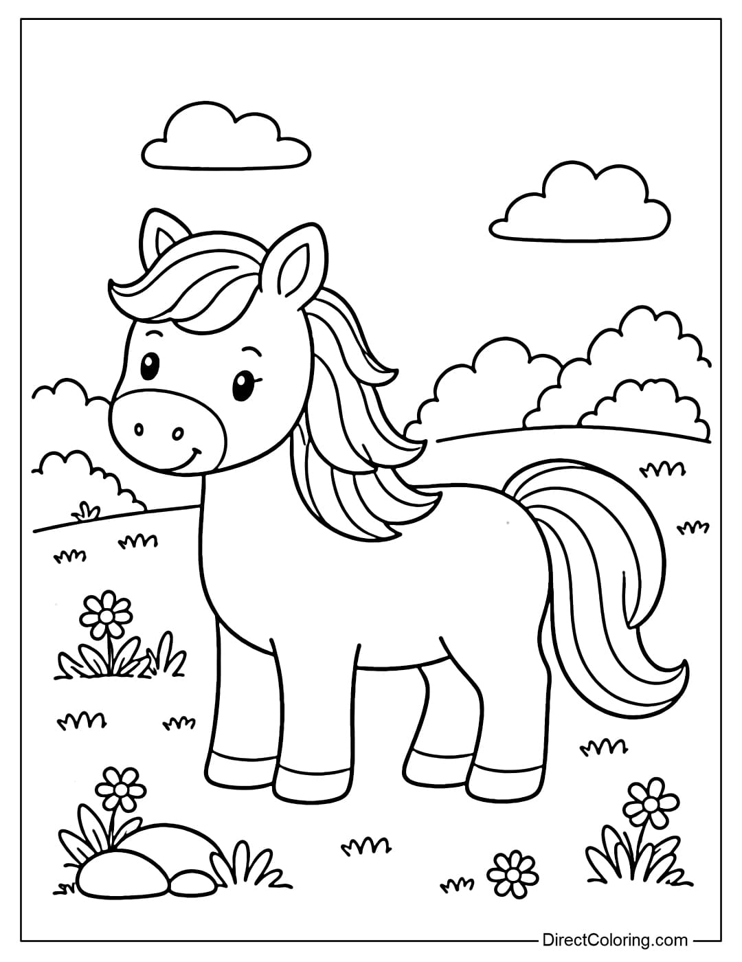 Coloring page of a horse standing still in a simple scene.