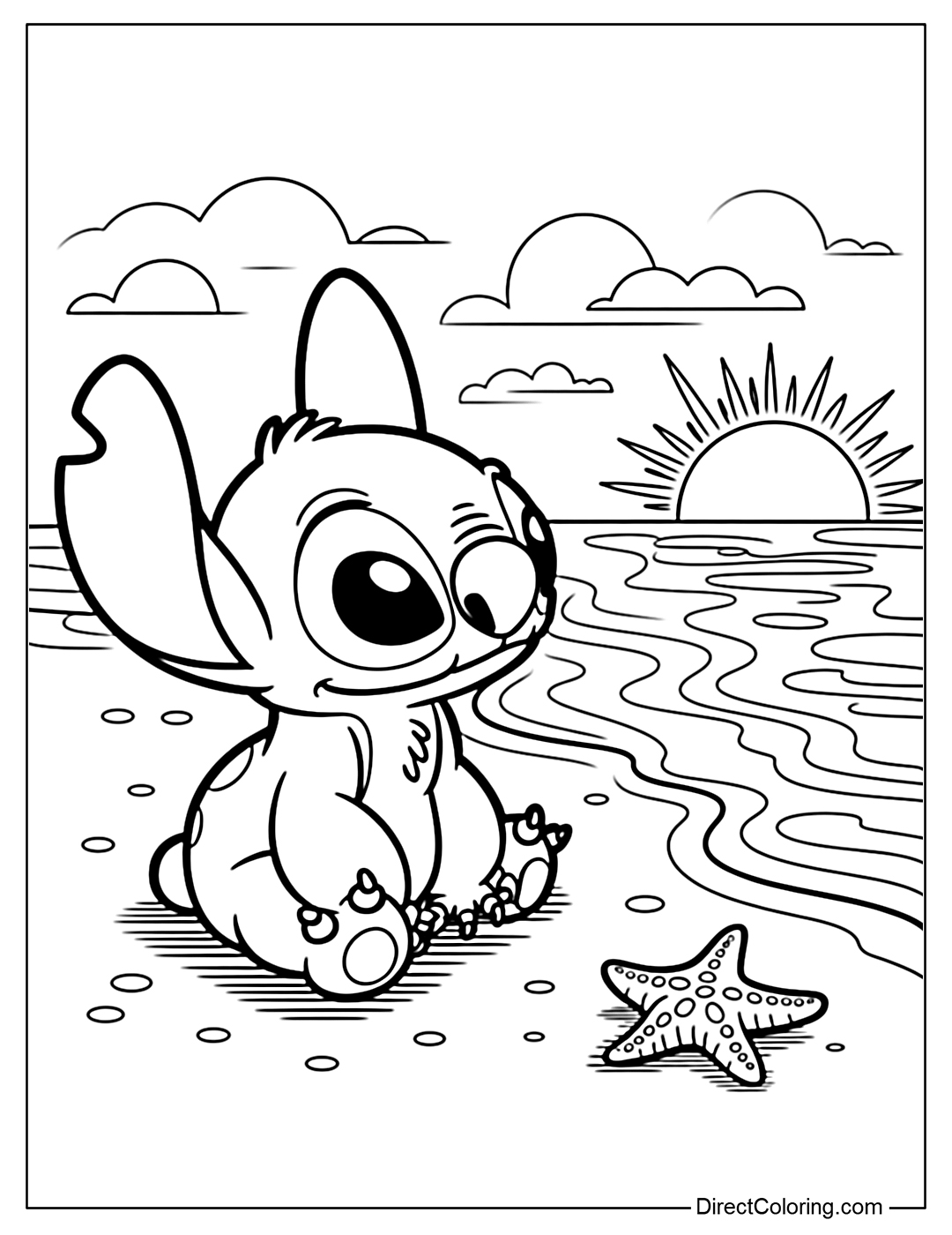 Stitch Coloring Page sits alone on the sand watching the sunset, gentle waves and a small starfish beside him.