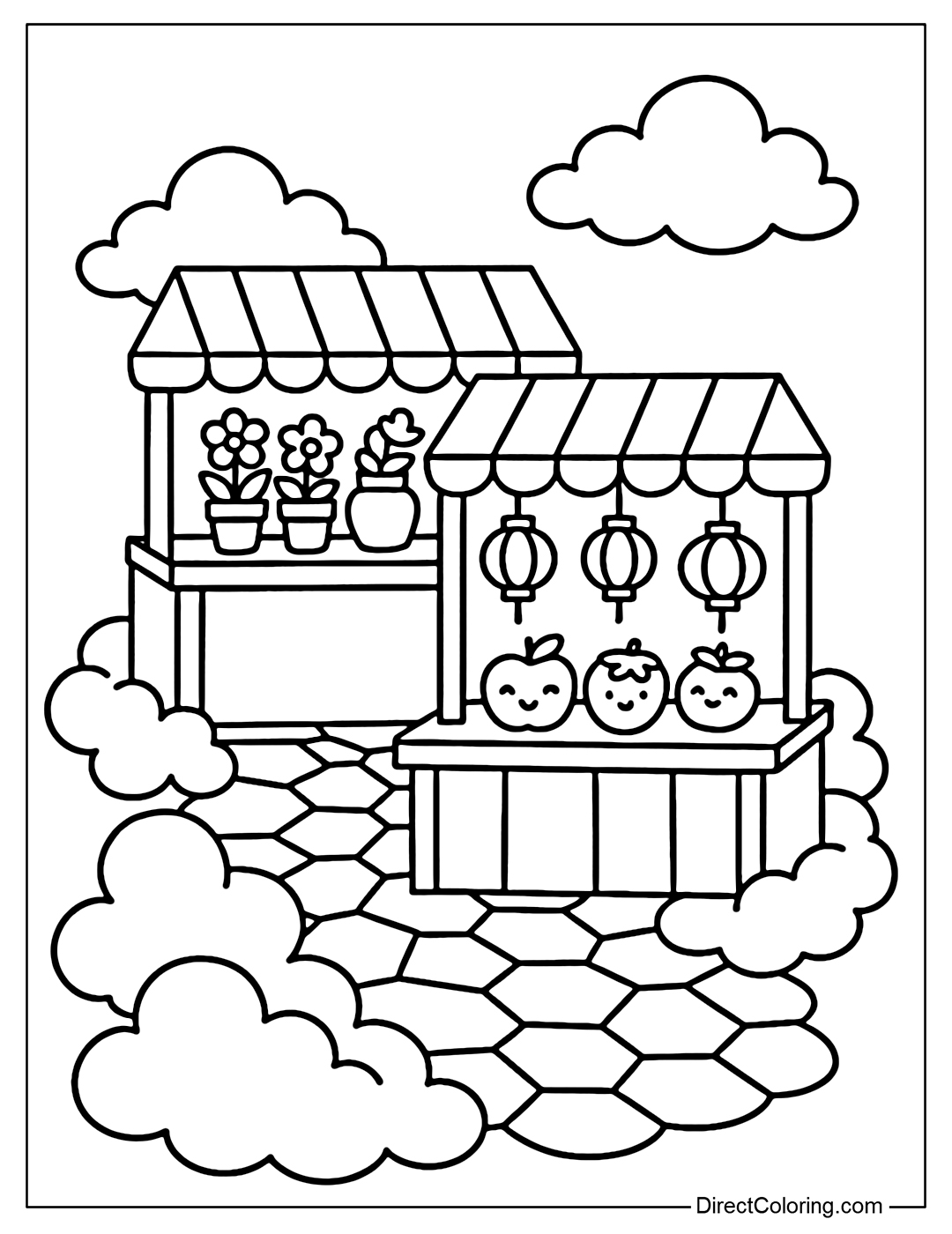 A market coloring page on the clouds with pastel ceramic tiles, stalls selling flowers, fruits and lanterns.