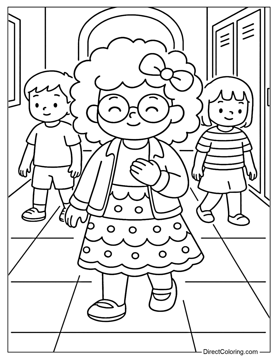 Coloring Page A girl with curly hair, big glasses, wearing a colorful dress, walking confidently among other friends. Behind is the school hallway, no one is the same - each person has a different style.