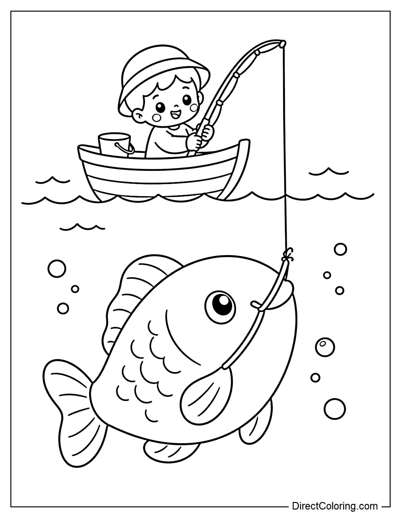 A small boat on the water, with a giant fish pulling the fishing line underneath.