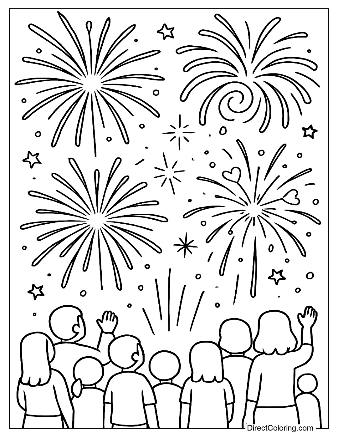 a coloring page of a crowd watching fireworks, simple people, many types of fireworks