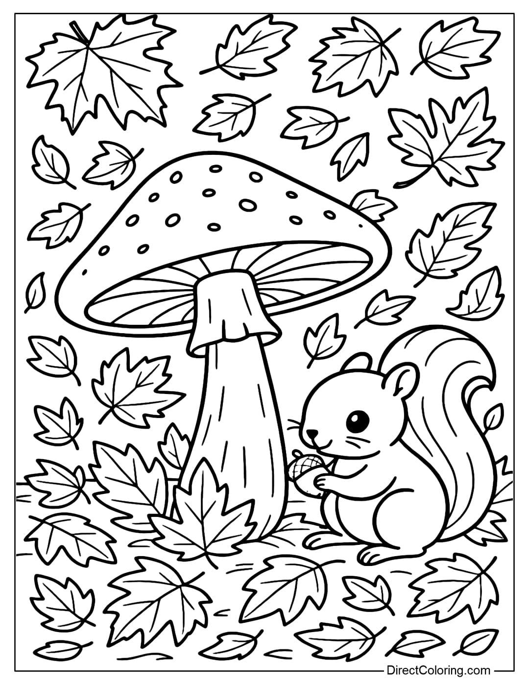 Mushroom with Squirrel Coloring Page Coloring page of mushrooms growing on a carpet of yellow autumn leaves, with a small squirrel sitting next to them nibbling on chestnuts.