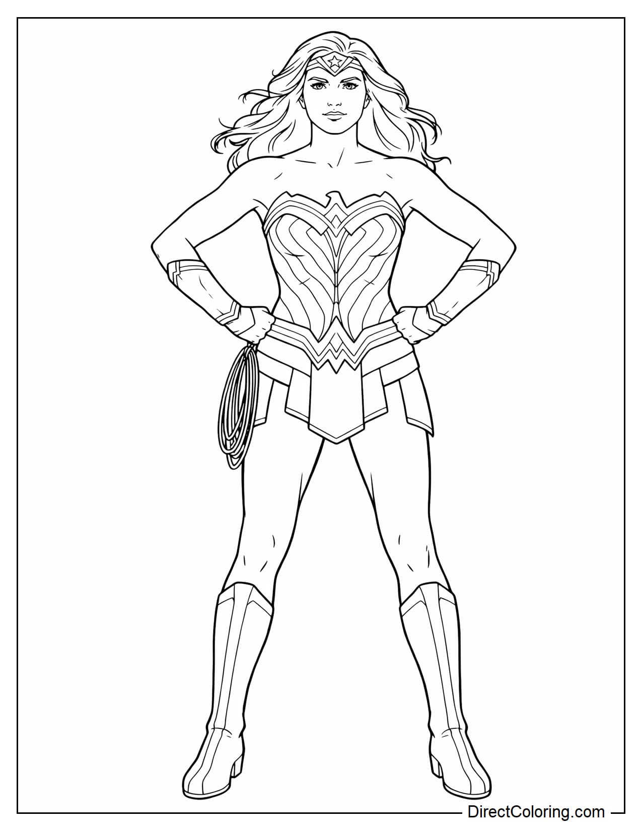 Wonder Woman stands tall in a heroic pose with both hands on her hips, her head slightly raised and her long hair flowing down.