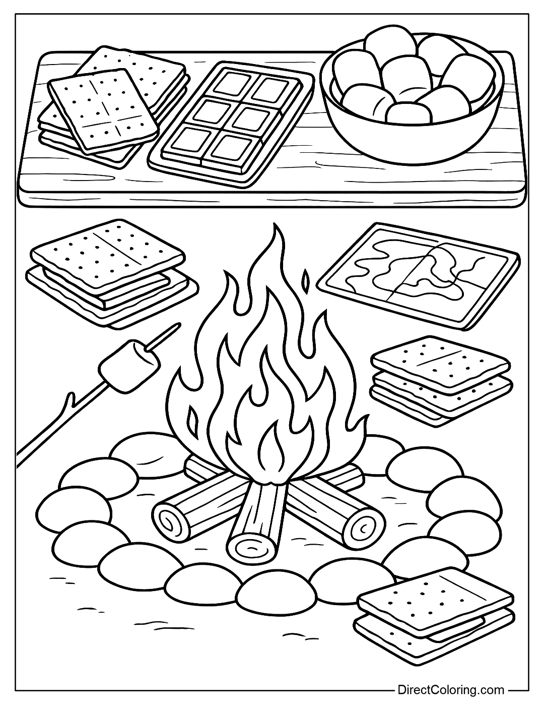 a s'mores party table coloring page with cookies, chocolate, marshmallows and a campfire
