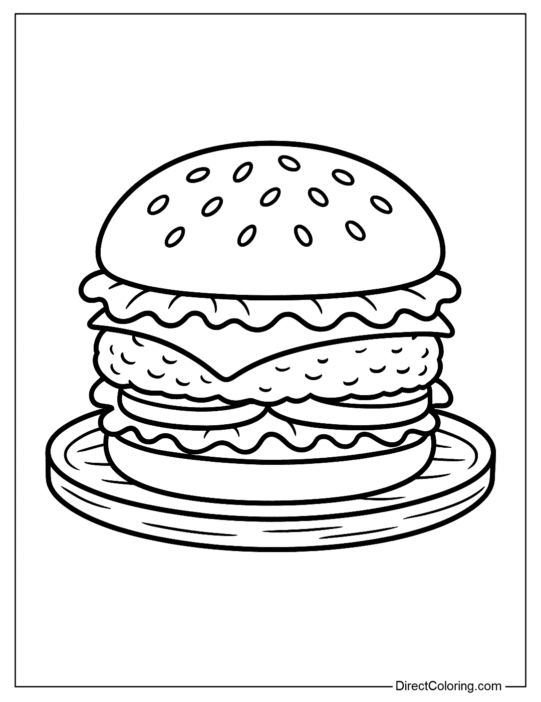 A classic hamburger coloring page with buns, meat, vegetables, cheese, and sesame seeds on a bun