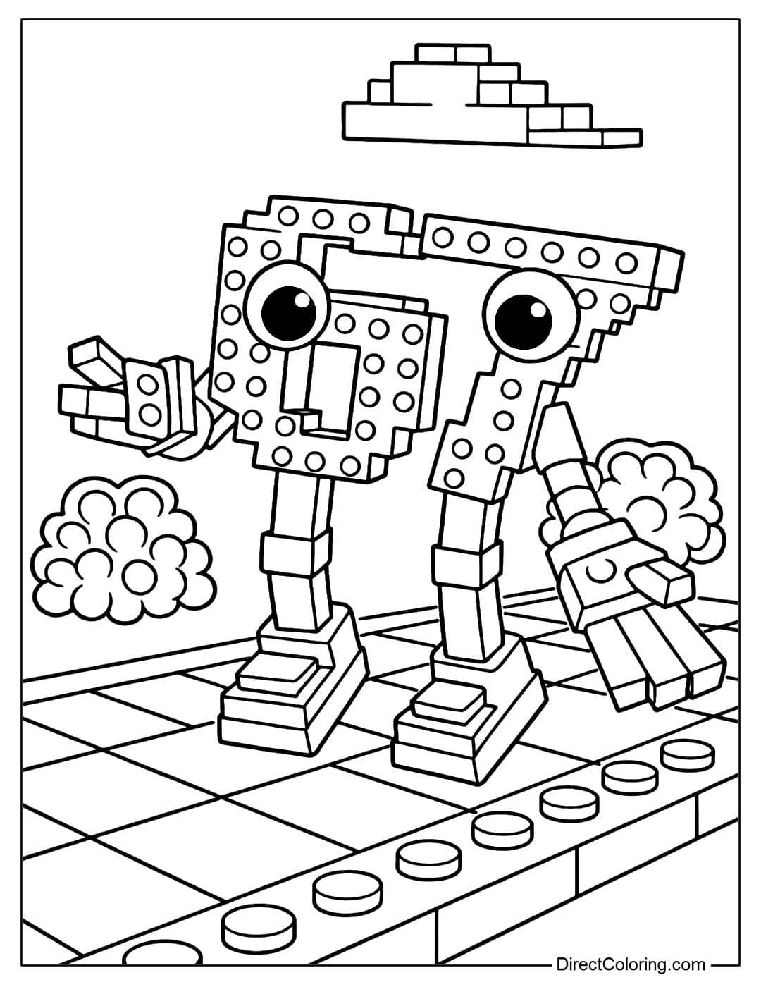 Coloring page 67 Brainrot walks in a Lego park, with a large brick path, two bushes with rounded bricks, and a lego cloud.