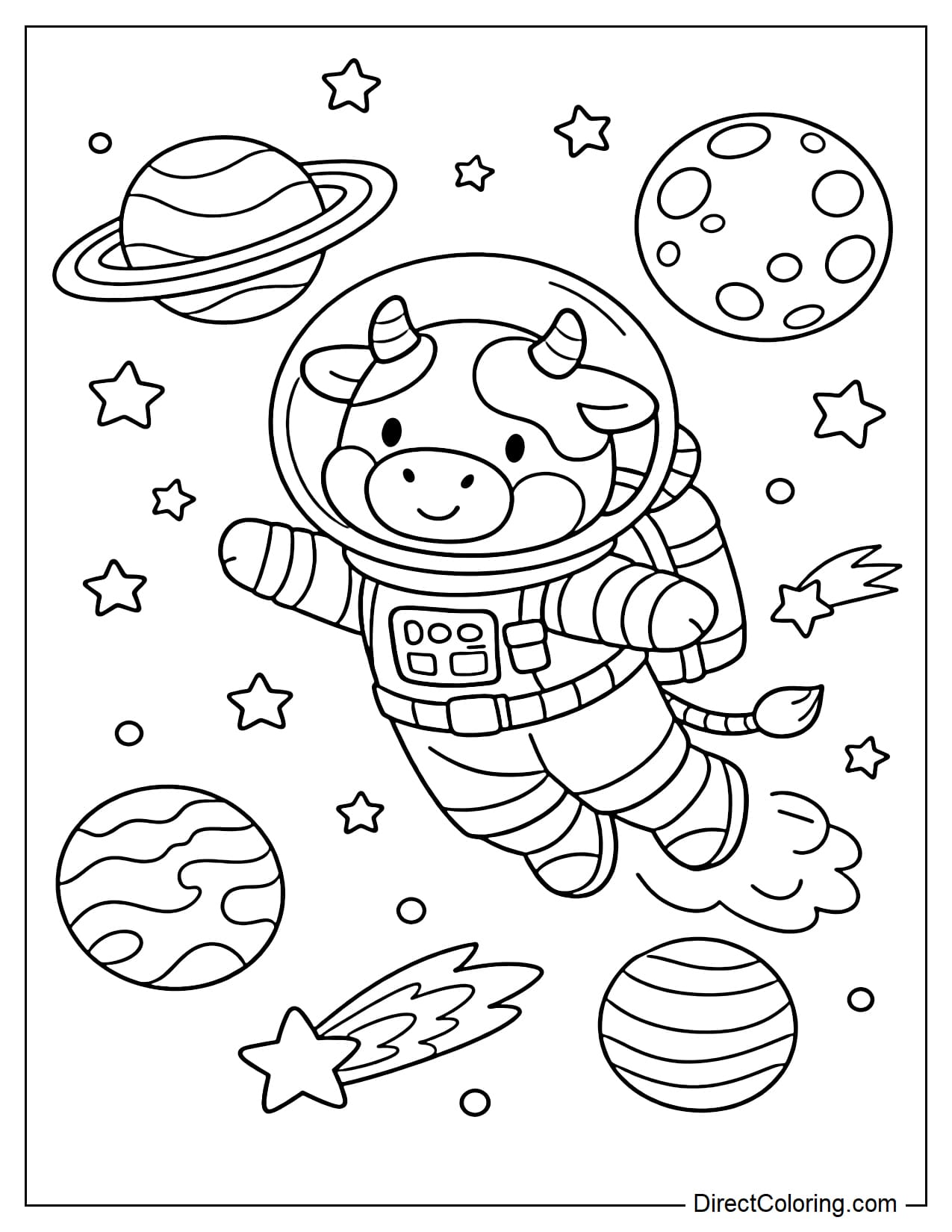 A cow wearing an astronaut suit is flying in space, surrounded by large stars and planets.