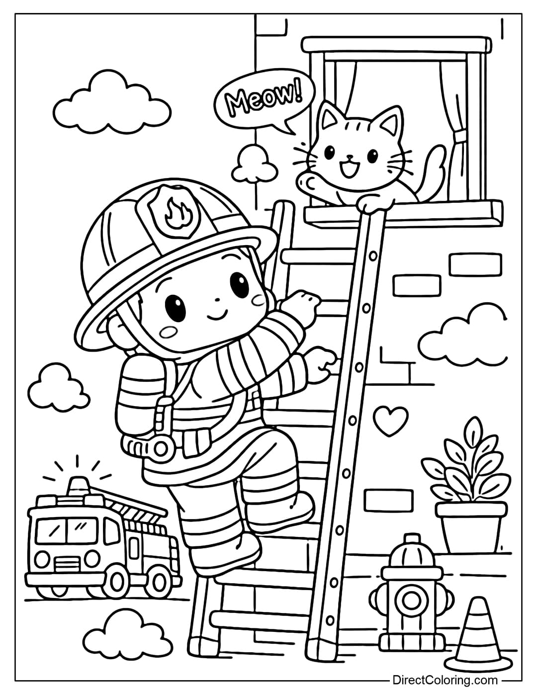 Coloring page of a firefighter climbing a ladder up a building.