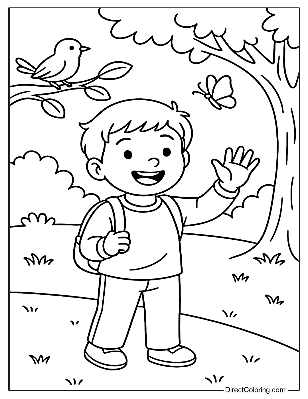 Coloring page of a child greeting birds, trees, and butterflies during a walk in the park.