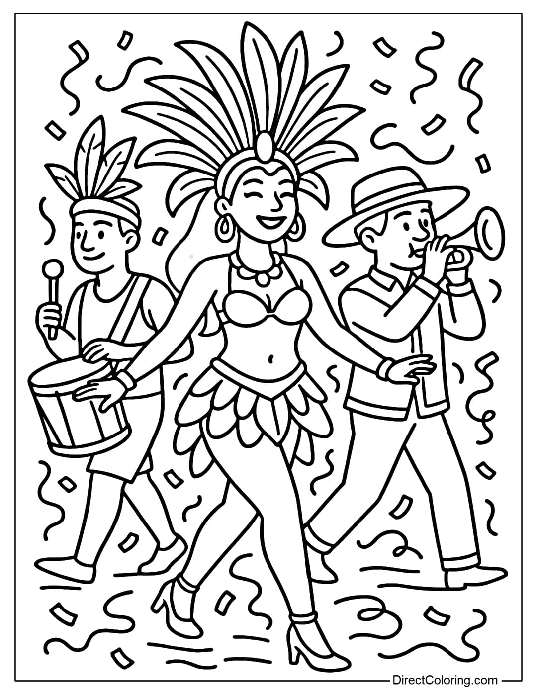 Coloring page of a Carnival parade with feathered dancers, samba drums, trumpet players.
