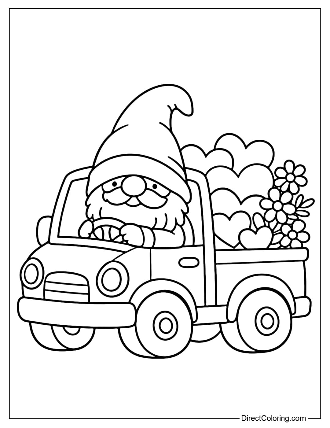 A coloring page showing a gnome driving a cute little truck with Valentine's hearts and flowers in the back.