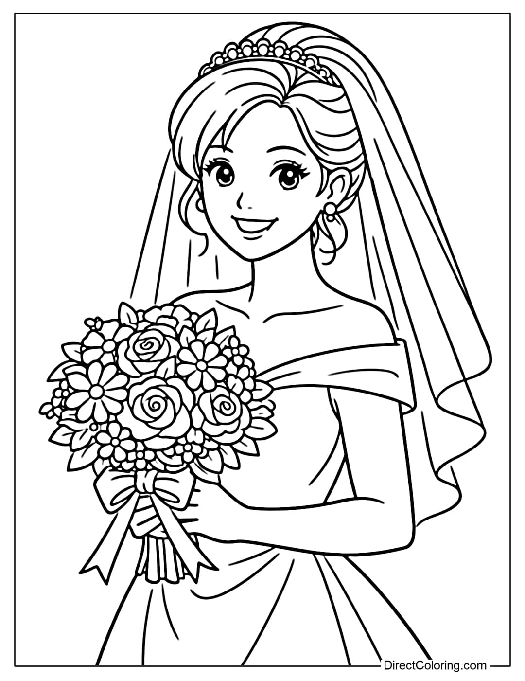 A coloring page featuring a bride holding a wedding bouquet, with a joyful expression on her face.